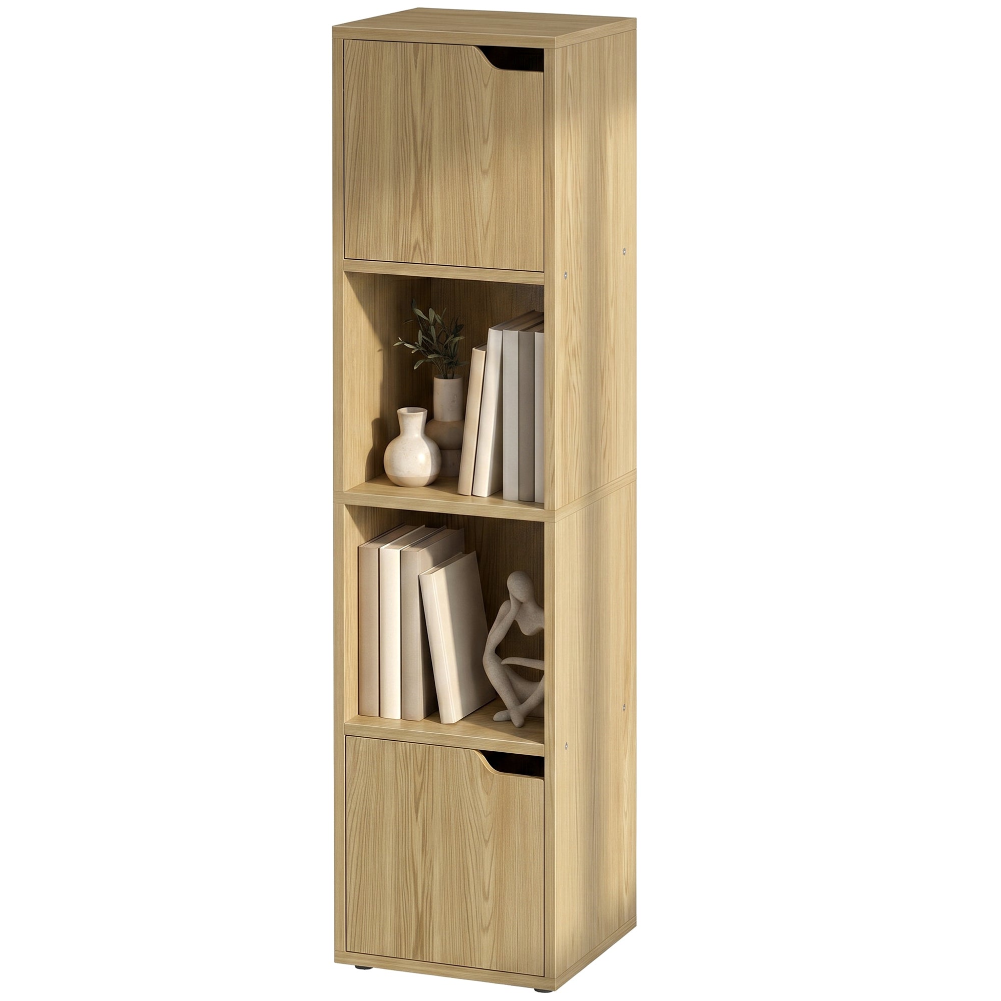 HOMCOM Narrow Bookcase, 4-Tier Bookshelf, Storage Cabinet with doors for Living Room, Bedroom, Oak
