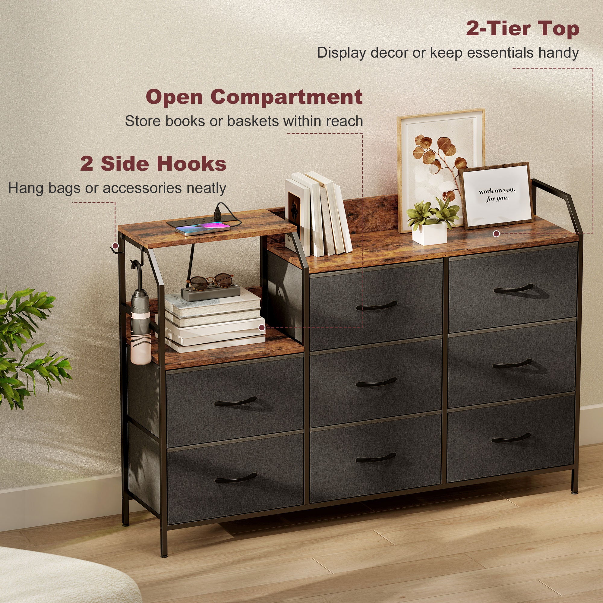 HOMCOM Chest of Eight Drawers, with Charging Station - Brown/Black