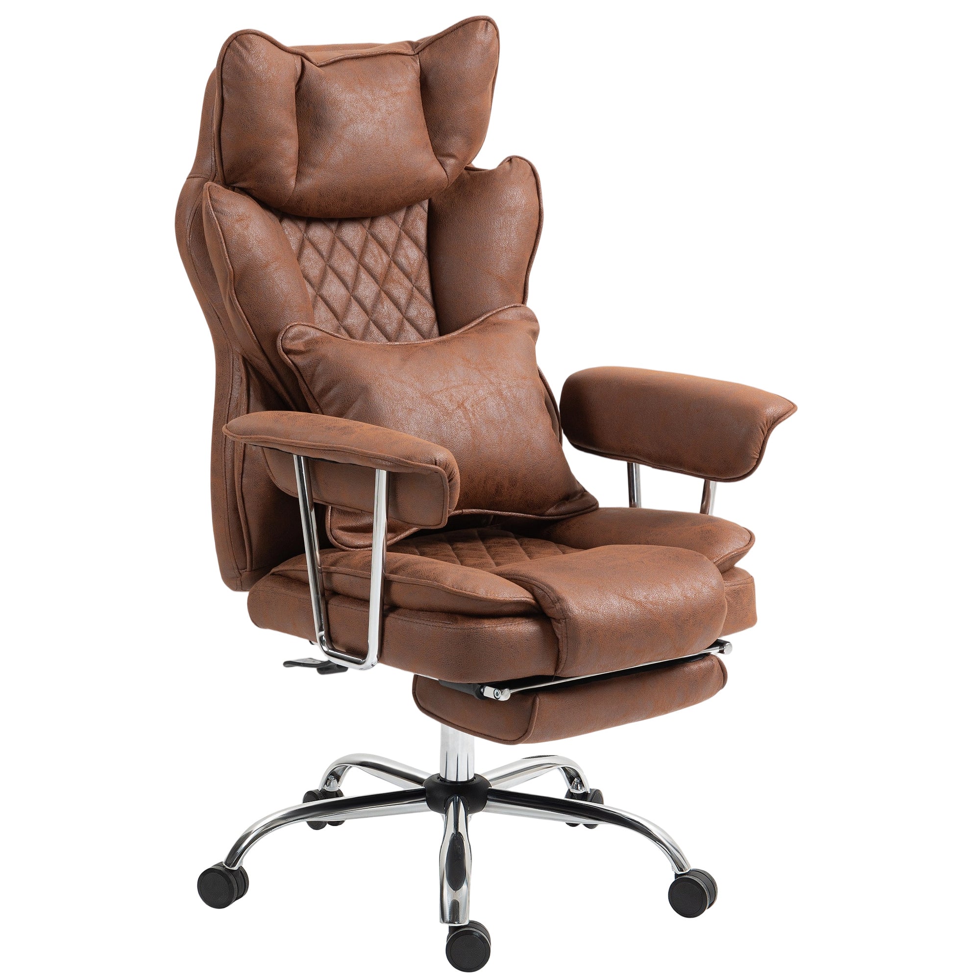 HOMCOM Leathaire Reclining Office Chair with Lumbar Support Pillow - Dark Brown - North Peak Garden Furniture
