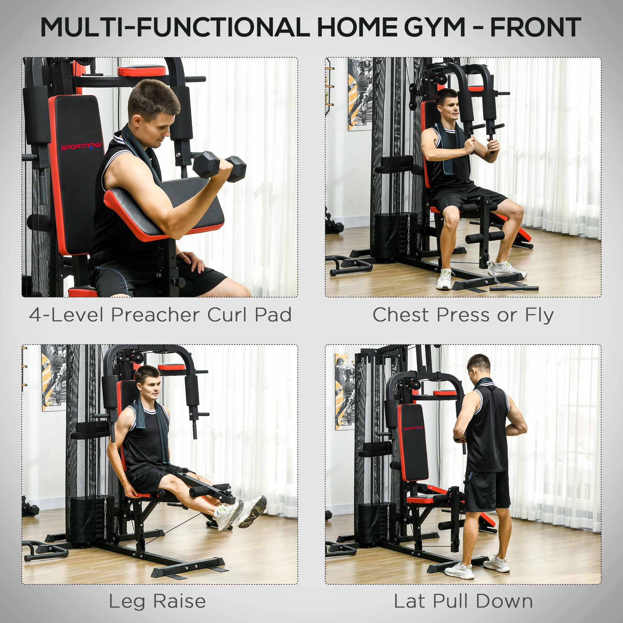 SPORTNOW Multi Gym Workout Station, Weight Machine with 65kg Weight Stack, Sit Up Bench, Push Up Stand, Dip Station - North Peak Garden Furniture