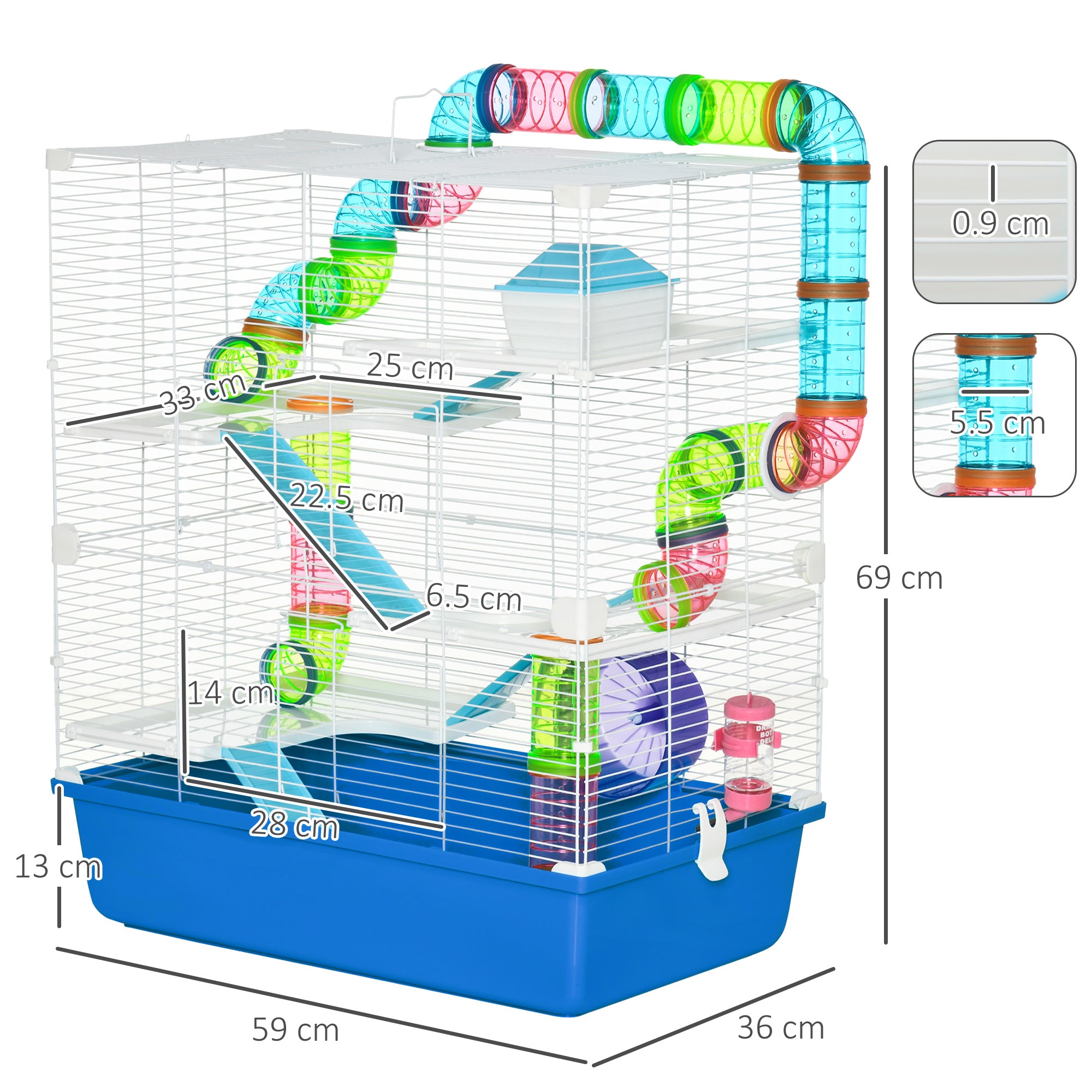 PawHut Hamster Cage with Tunnel Tube System, 5 Level Gerbil Haven with Water Bottle, Exercise Wheel, Food Dish, Ramps 59 cm x 36 cm x 69 cm - Blue - North Peak Garden Furniture
