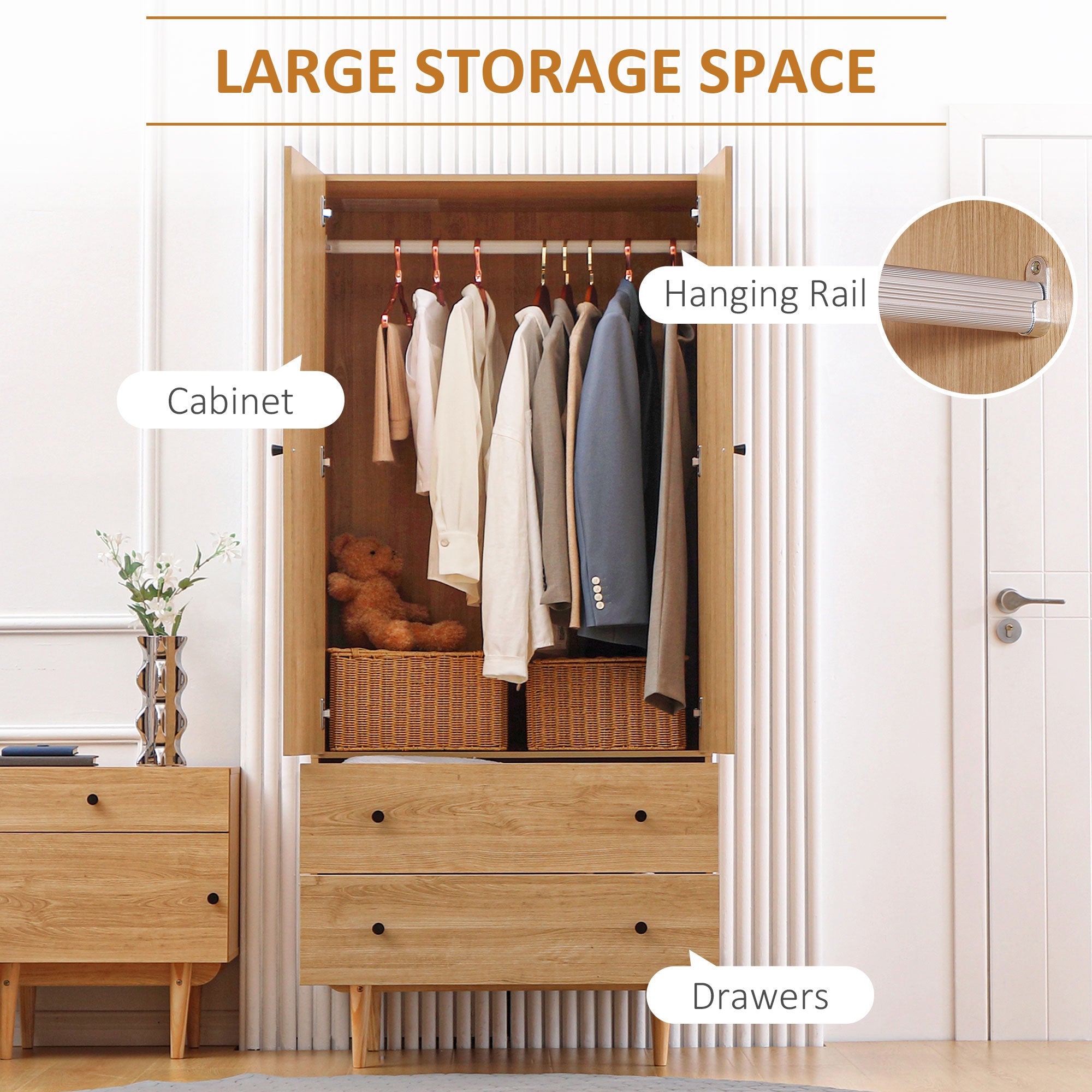 HOMCOM Wardrobe with 2 Doors, 2 Drawers, Hanging Rail for Bedroom Clothes Storage Organiser, 80x52x180cm, Natural Tone