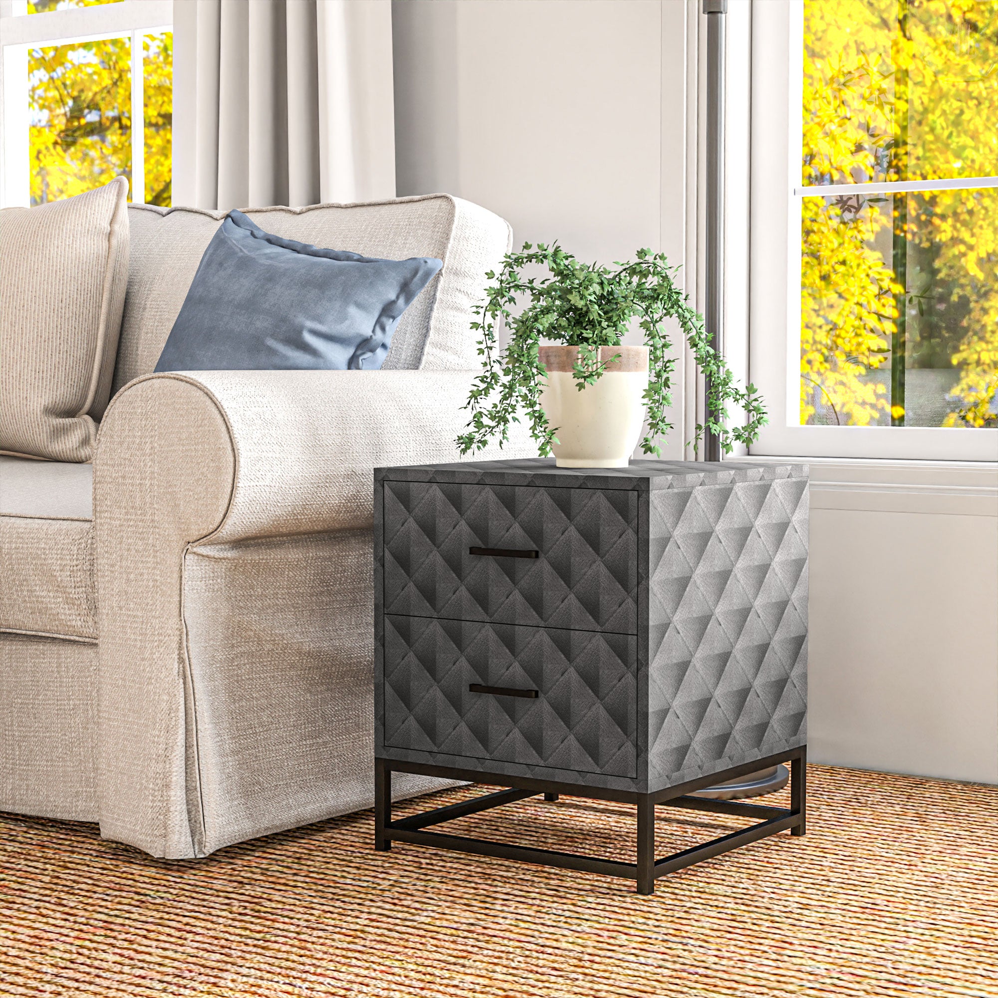 HOMCOM Bedside Tables Set of 2, Modern Bedside Table Nightstand with 2 Drawers, Bedside Cabinet Sofa Side Table with Storage, Steel Legs for Bedroom, Living Room, Grey - North Peak Garden Furniture