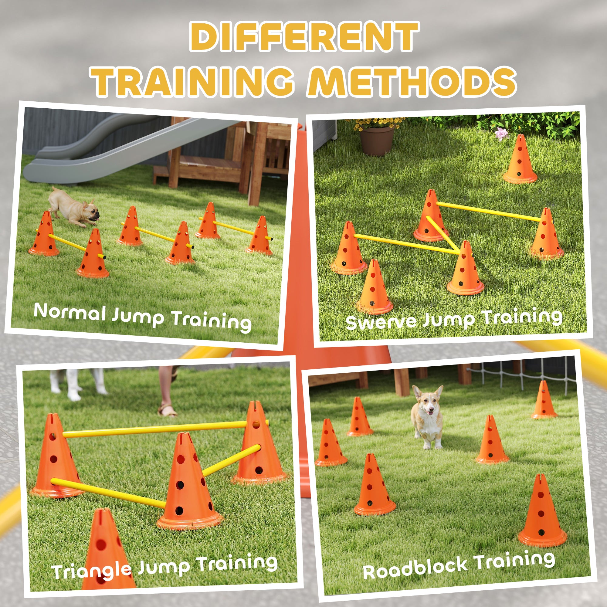 PawHut Dog Agility Equipment Set of 6 Cones, 6 Poles with Carry Bag, 3 PCS Adjustable Height Jumping Obstacles, Orange - North Peak Garden Furniture