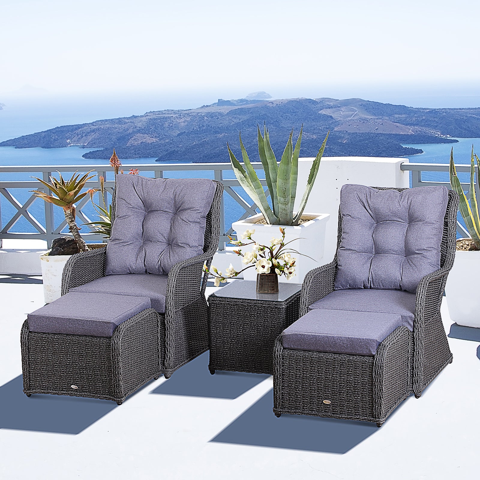 Outsunny 5PCS Deluxe Garden Rattan Furniture Sofa Chair & Stool Table Set Patio Wicker Weave Furniture Set Aluminium Frame Fully-assembly - Grey - North Peak Garden Furniture