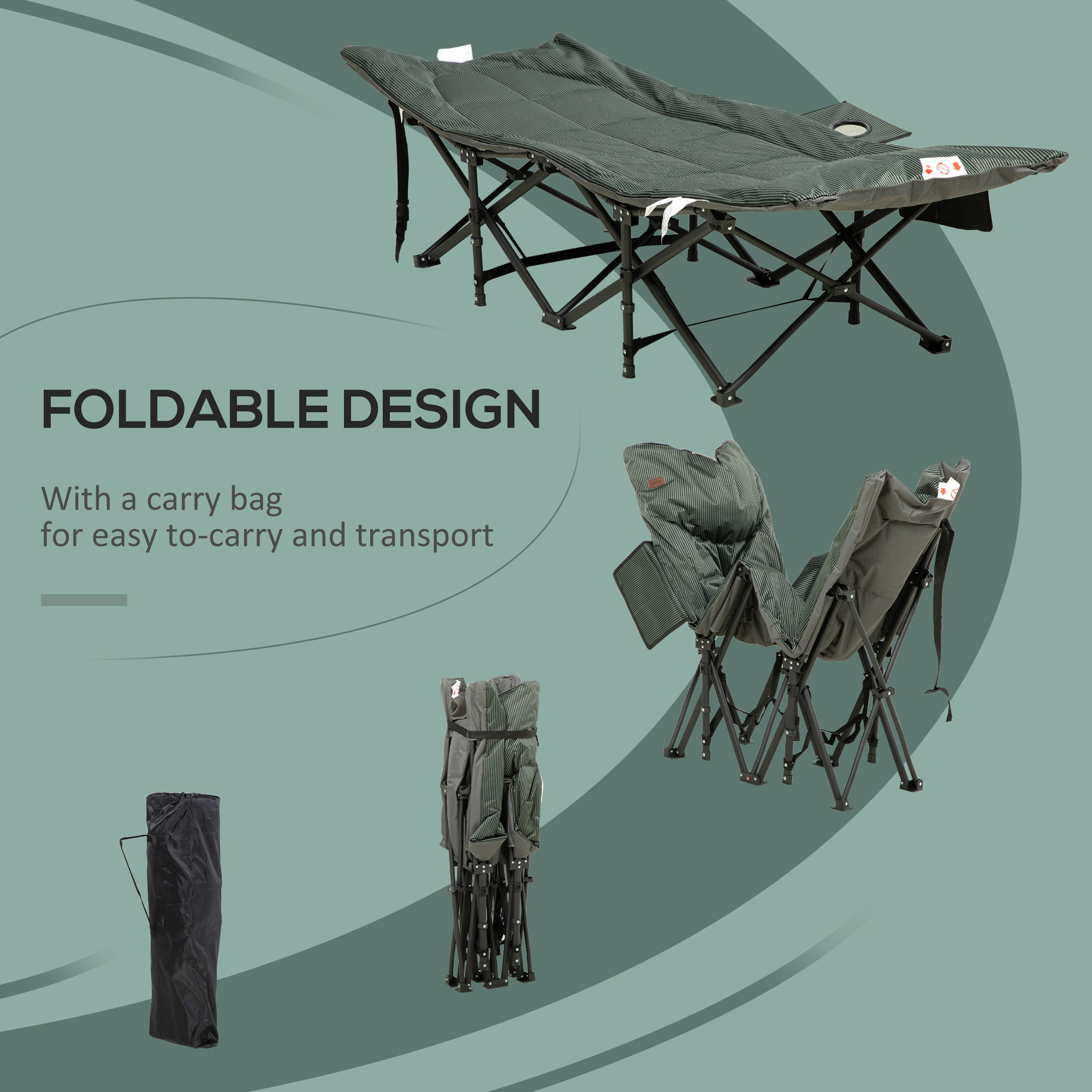 Outsunny Foldable Sun Lounger, Padded Patio Camping Bed with Carry Bag, Magazine Bag and Cup Holder for Outdoor, Garden, Porch, Grey - North Peak Garden Furniture