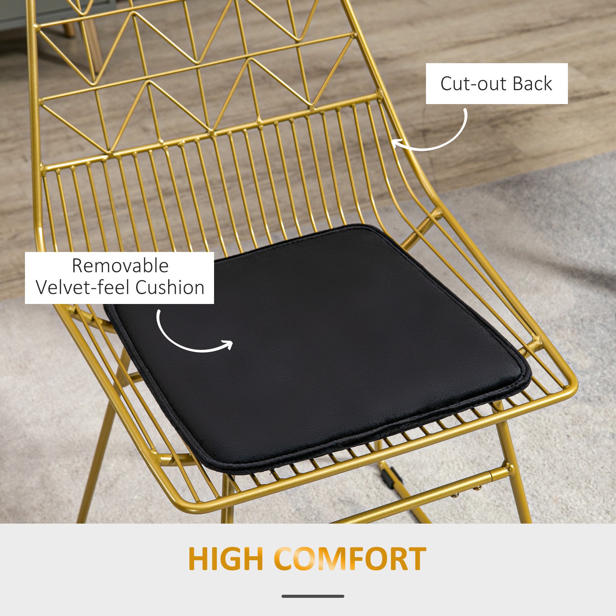 HOMCOM Luxurious Dining Chairs Set of 2, Metal Wire Kitchen Chair with Removable Velvet-feel Cushion, Cut-out Back and Steel Frame for Dining Room, Gold Tone