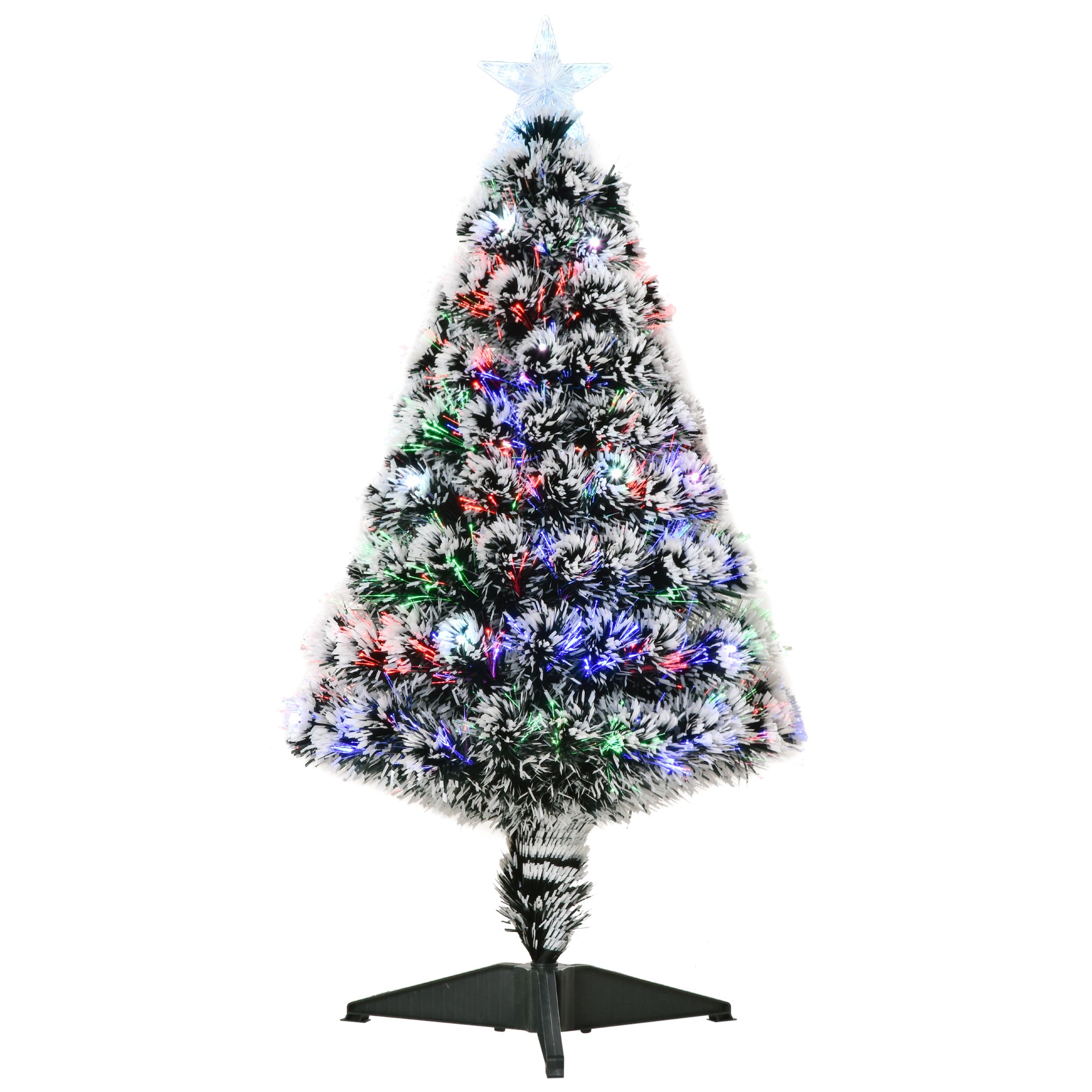 HOMCOM 3ft Artificial Prelit Christmas Tree, Snow Xmas Tree with Colourful LED Lighting Fiber Optics, Green White - North Peak Garden Furniture