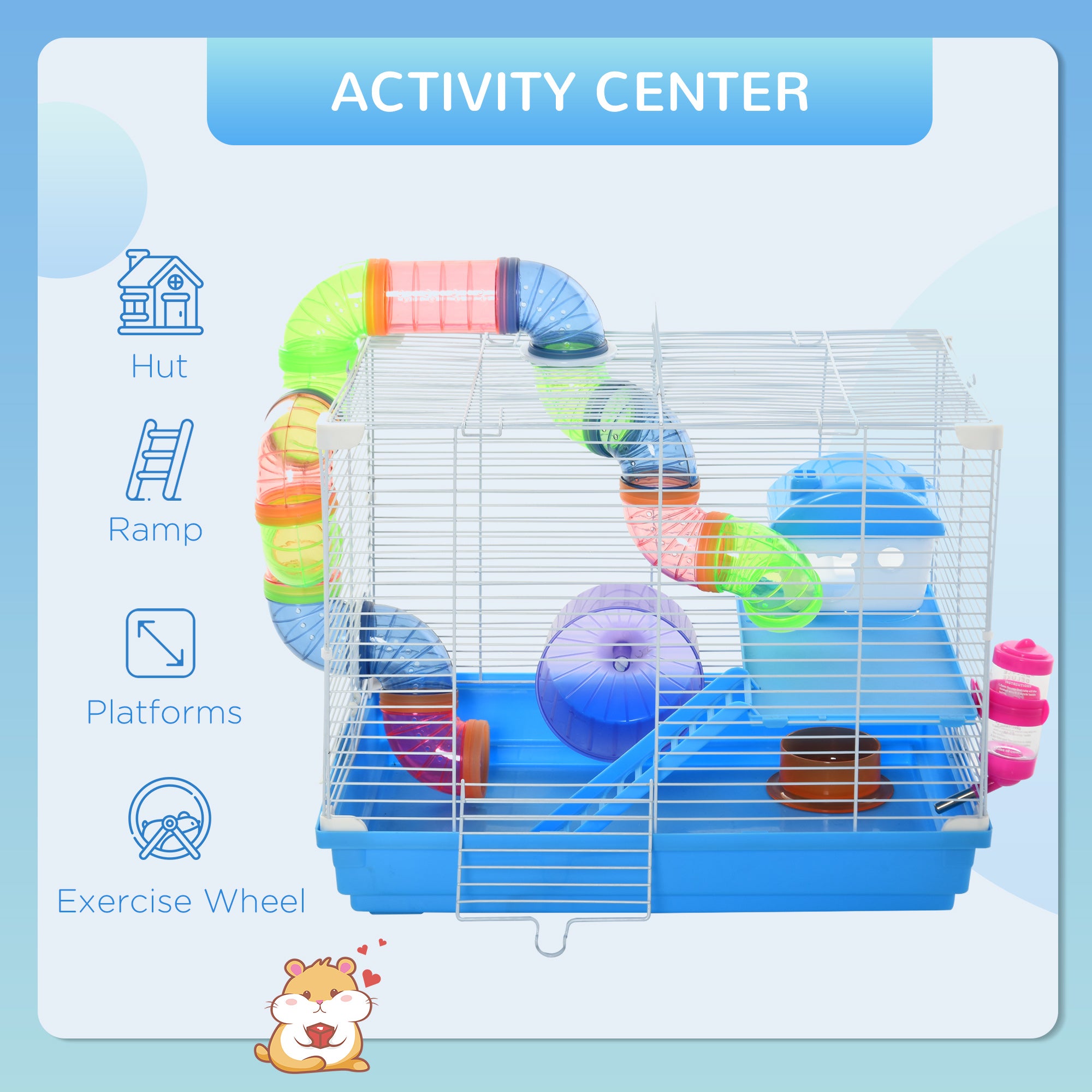 Pawhut 2 Tier Hamster Cage Carrier Habitat Small Animal House with Exercise Wheels Tunnel Tube Water Bottle Dishes House Ladder for Dwarf, Blue - North Peak Garden Furniture