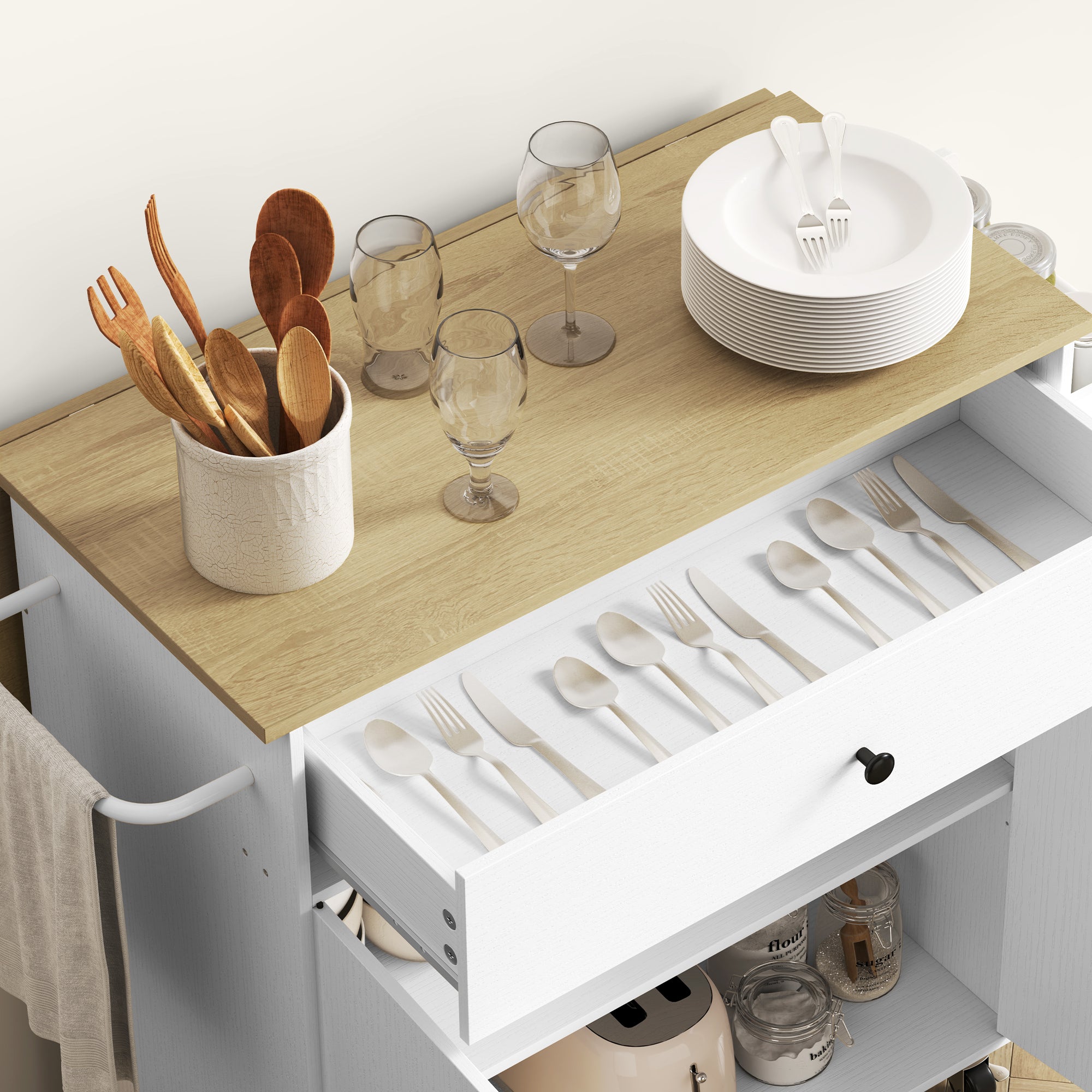 HOMCOM Rolling Kitchen Island with Drop Leaf, Kitchen Storage Cart with Drawer, Spice Rack and Towel Rack, White