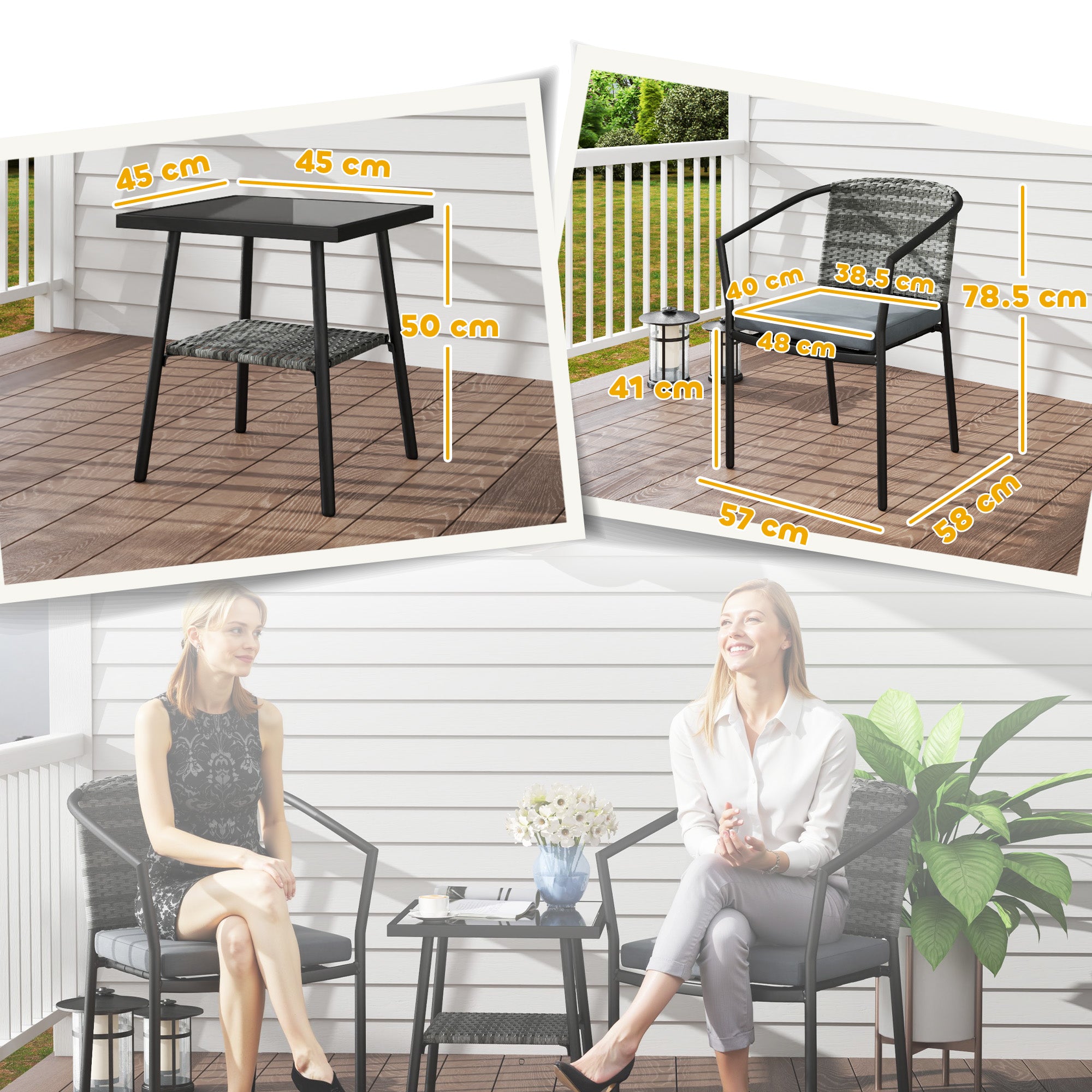 Outsunny 3 Pieces Rattan Bistro Set with Cushions, Wicker Garden Furniture Set, Glass Top Coffee Table and Chairs for Outdoor Patio, Balcony, Terrace and Conservatory, Grey - North Peak Garden Furniture