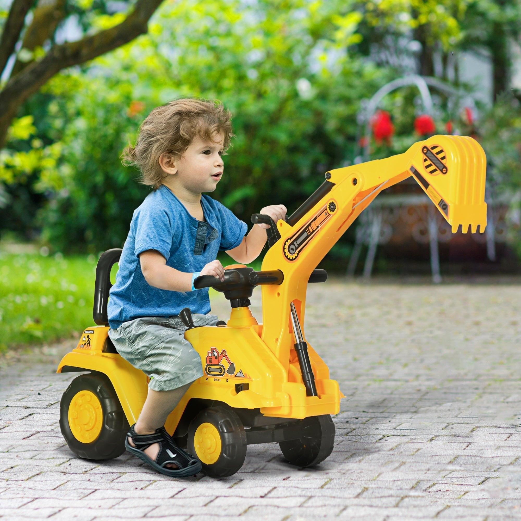 HOMCOM 2 in 1 Kids Ride On Tractor Pull Cart with Bucket, Under Seat Storage, Horn, High Backrest, for 1.5-4 Years Old, Yellow - North Peak Garden Furniture