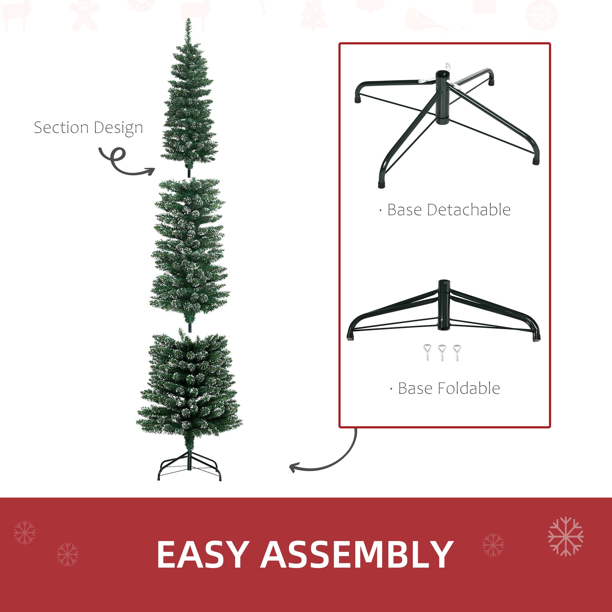 HOMCOM 7.5FT Artificial Snow Dipped Christmas Tree Xmas Pencil Tree Holiday Home Indoor Decoration with Foldable Black Stand, Green - North Peak Garden Furniture