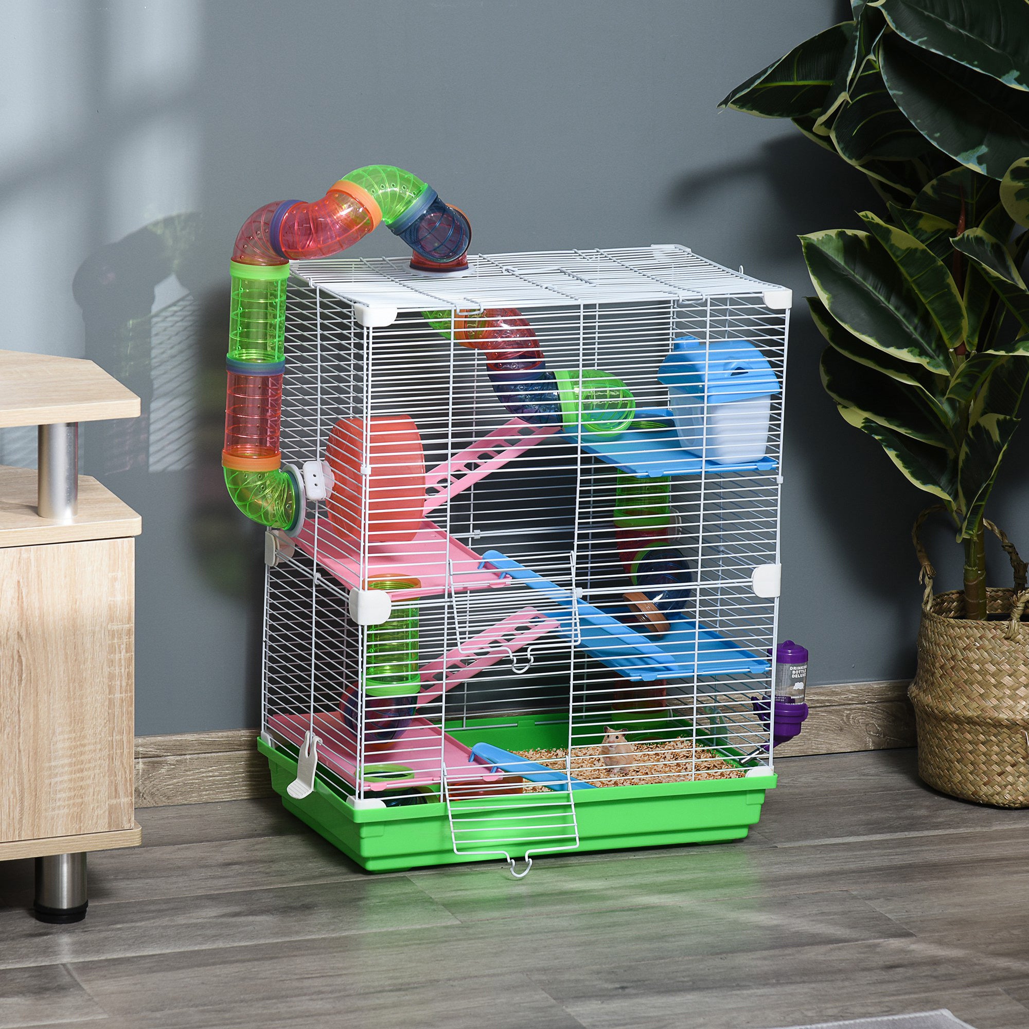 Pawhut 5 Tier Hamster Cage Carrier Habitat Small Animal House with Exercise Wheels Tunnel Tube Water Bottle Dishes House Ladder for Dwarf, Green - North Peak Garden Furniture