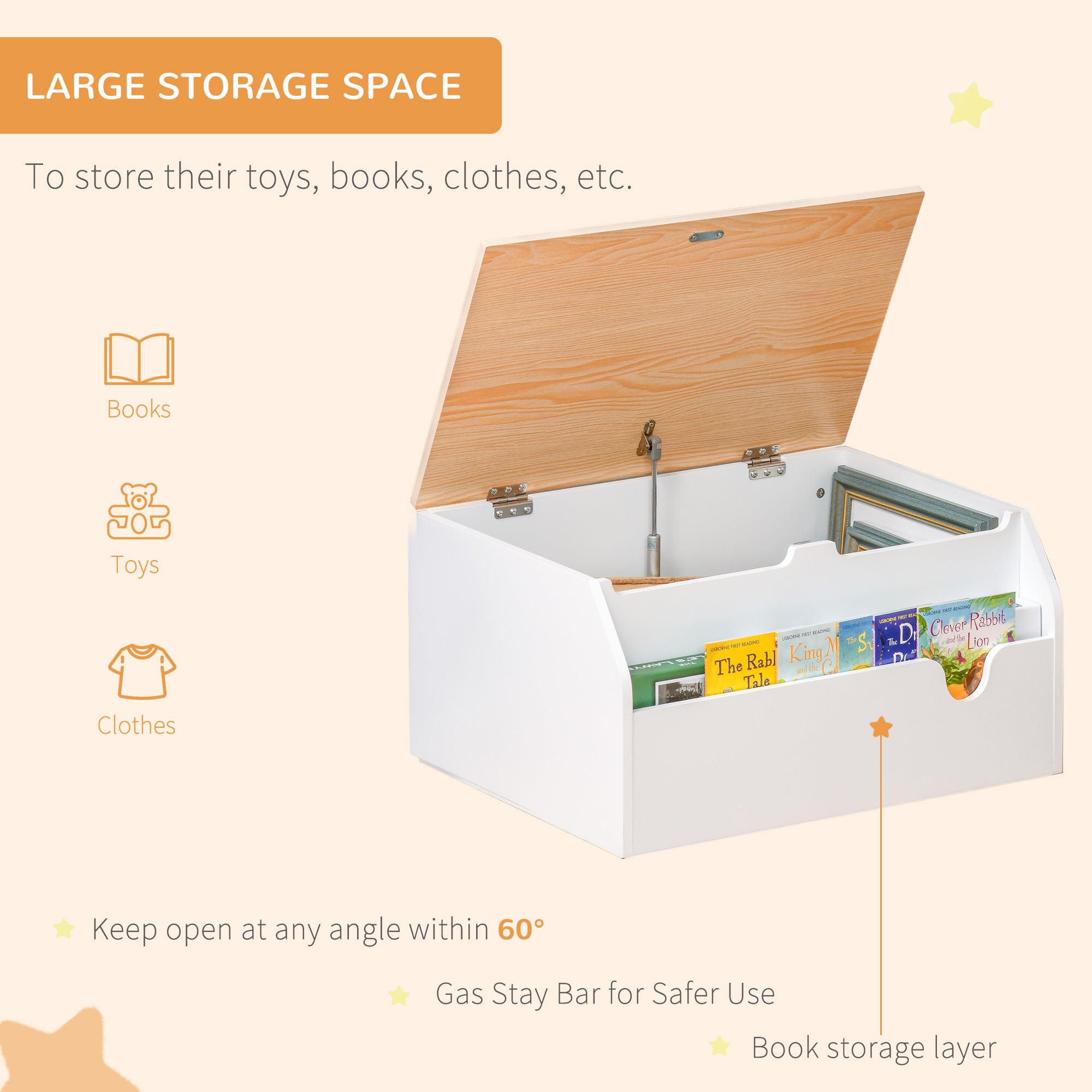 HOMCOM Wooden Kids Toy Box Children Storage Chest Organiser Book Slot Safety Hinge Playroom Furniture White