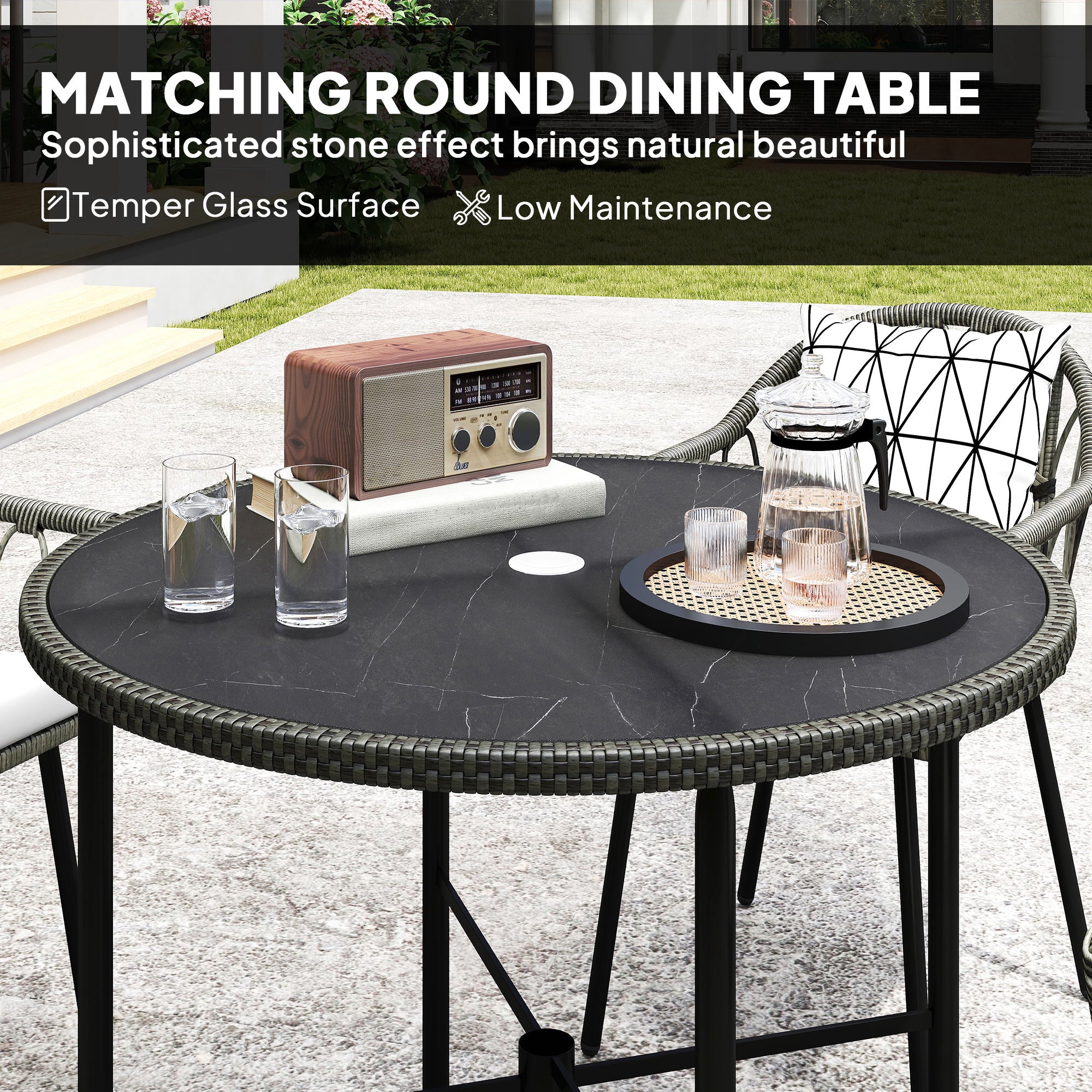 Outsunny 5 Piece Patio Rattan Dining Set, Wicker Garden Table and Chairs w/ Removable Seat & Back Cushions, Round Tempered Glass Tabletop, Parasol Hole, Outdoor Furniture Conservatory Set, Grey - North Peak Garden Furniture