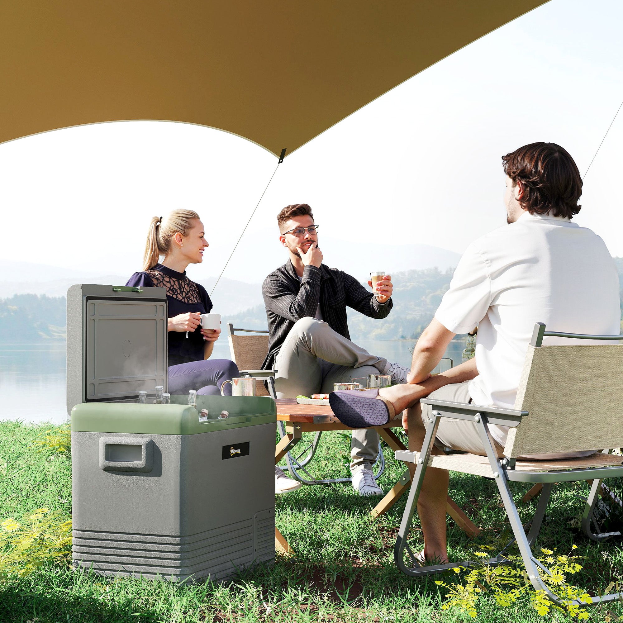 Outsunny 50L Portable Car Refrigerator - Light Green and Grey - North Peak Garden Furniture