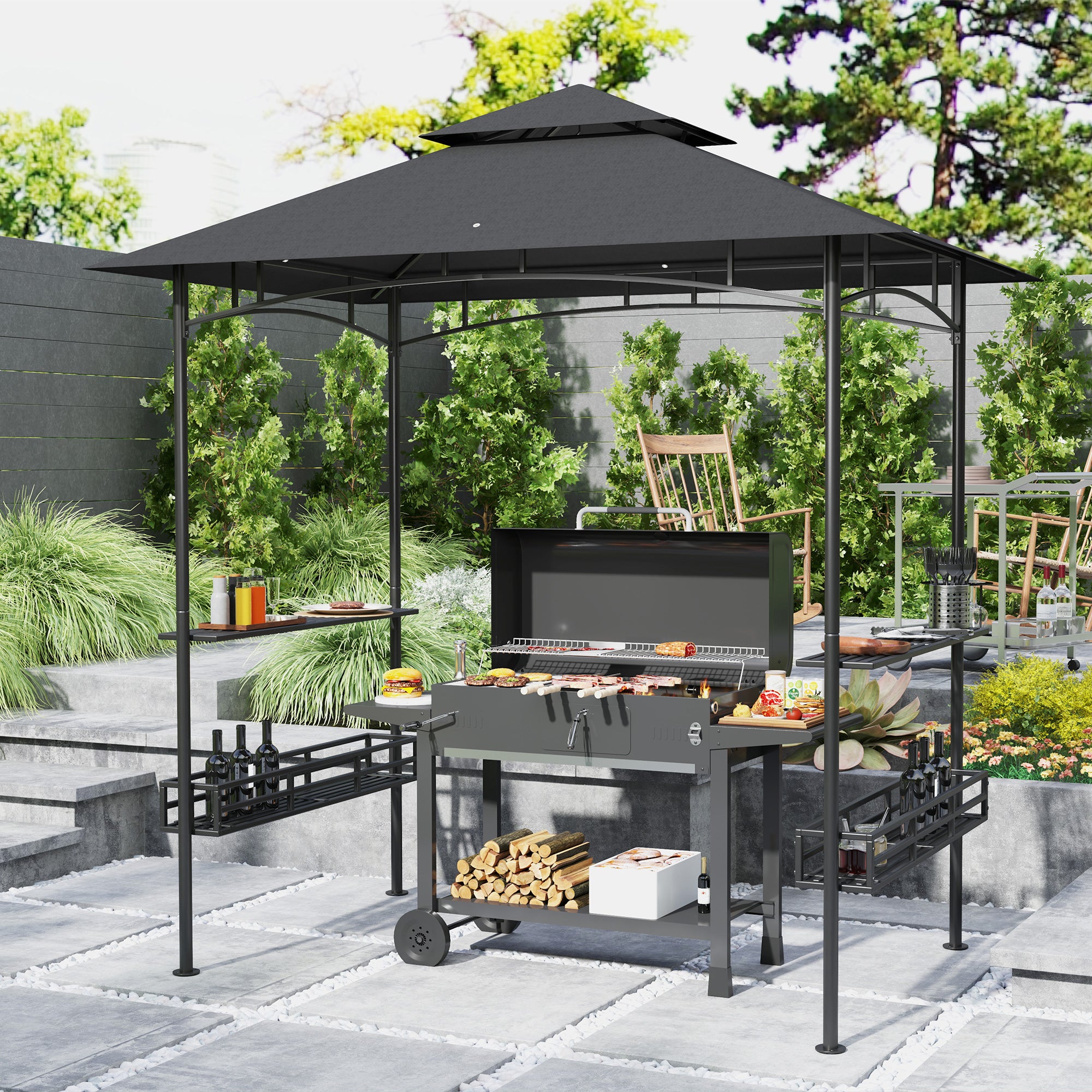 Outsunny 150 x 240cm BBQ Grill Gazebo, with Shelves - Grey - North Peak Garden Furniture