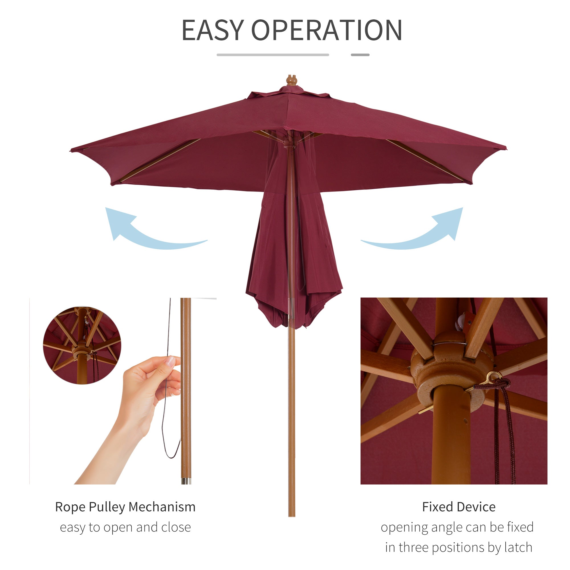 Outsunny Wooden Garden Parasol, 2.5m Outdoor Umbrella Sun Shade with Pulley System, Wine Red