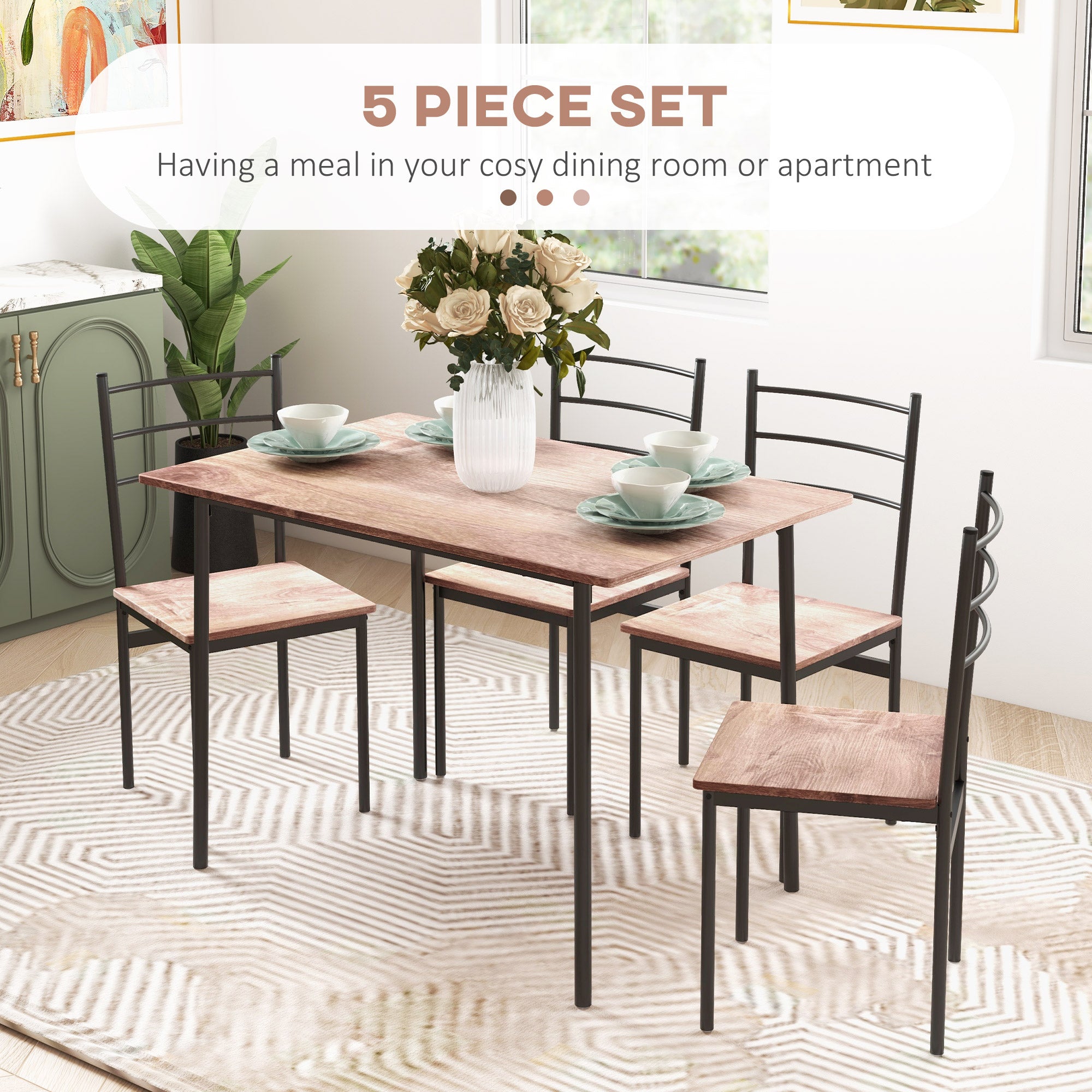 HOMCOM 5 Piece Dining Table and Chairs Set, Dining Room Sets, Steel Frame Space Saving Table and 4 Chairs for Compact Kitchens, Black - North Peak Garden Furniture