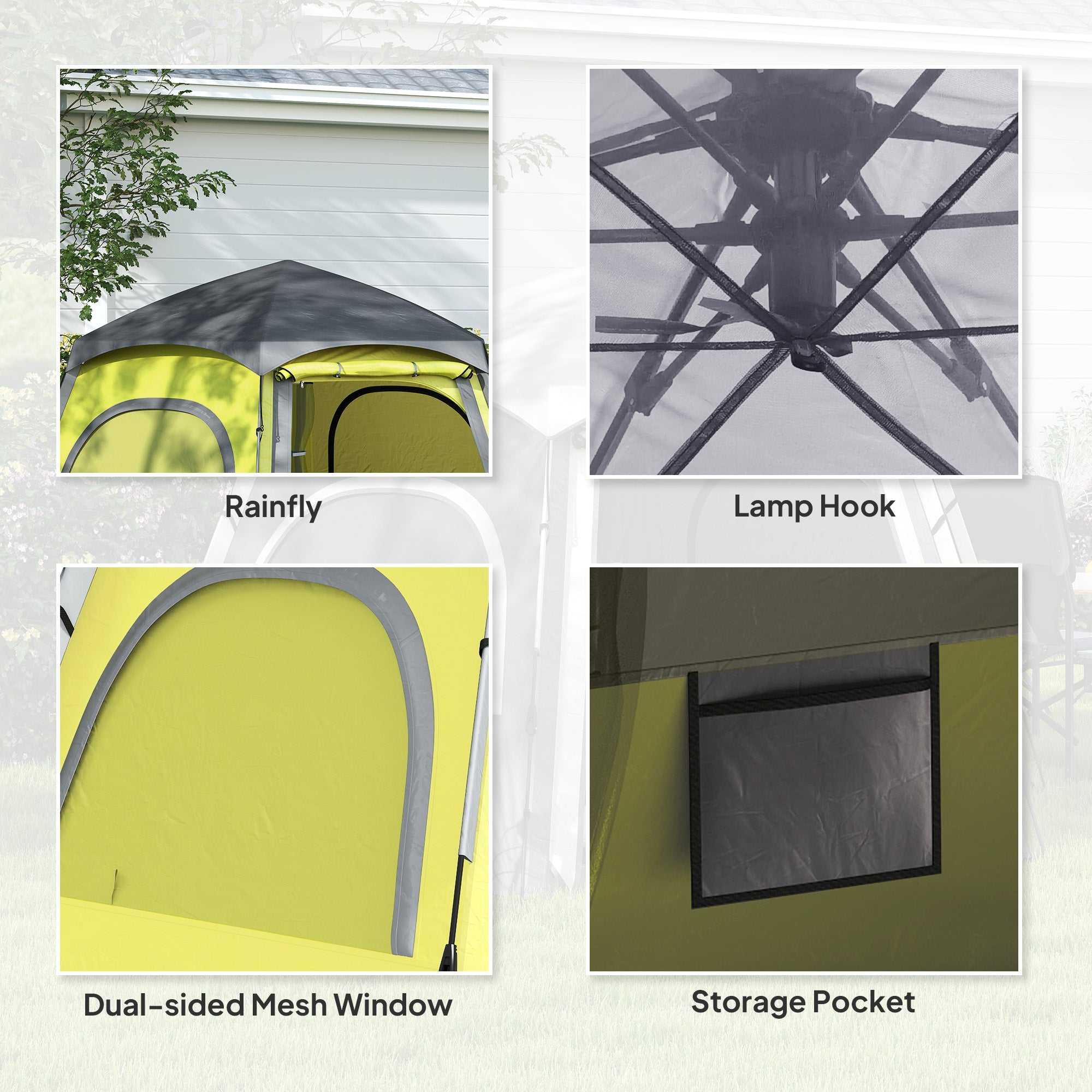 Outsunny Instant Camping Tent, 2/3/4 Person Easy Setup Family Tent with Vestibule, Rainfly, 4 Mesh Windows & 2 Doors, Hexagonal Design, Waterproof UV Protected Dome Tent, Yellow Green - North Peak Garden Furniture