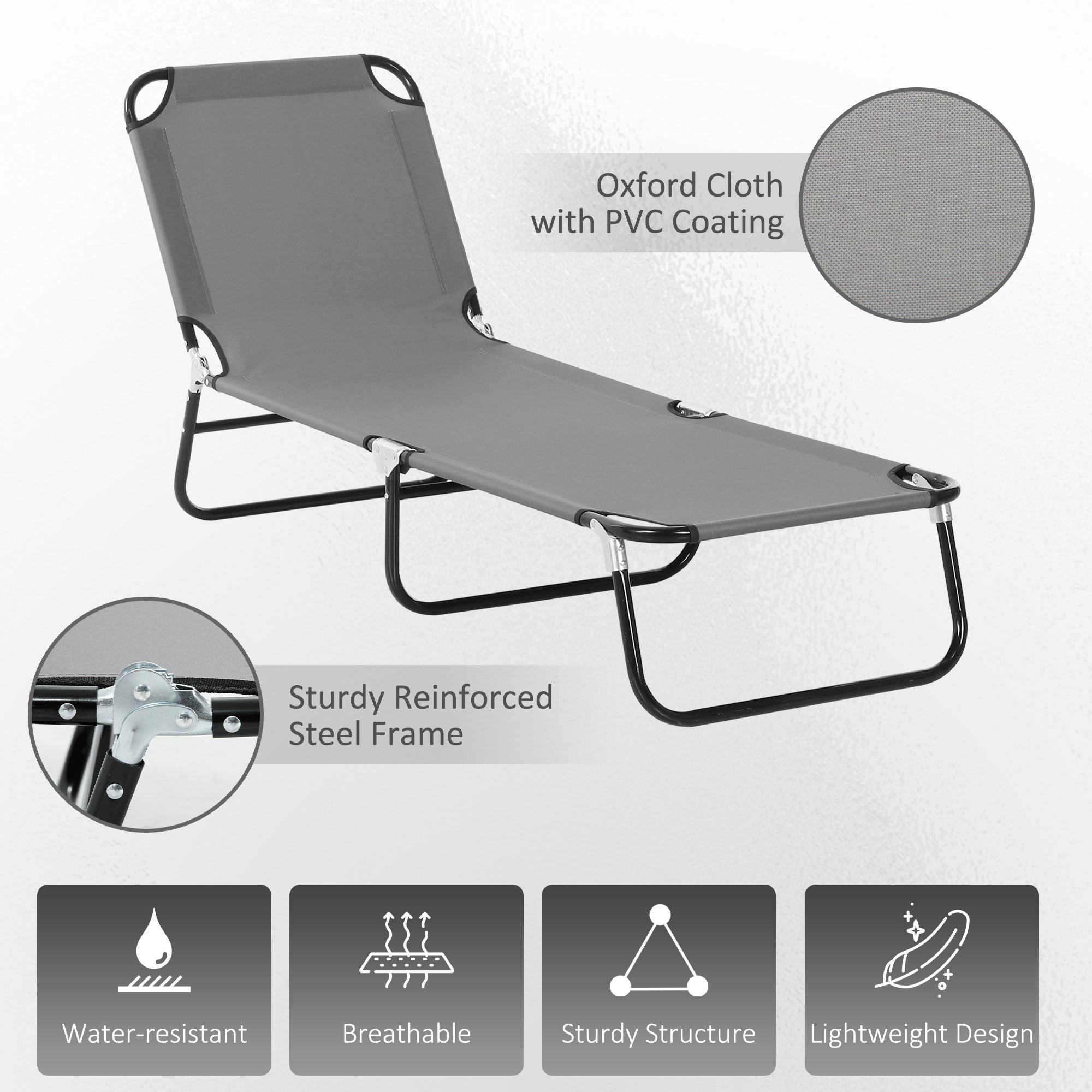 Outsunny Garden Sun Lounger, with Five-Position Back - Grey - North Peak Garden Furniture