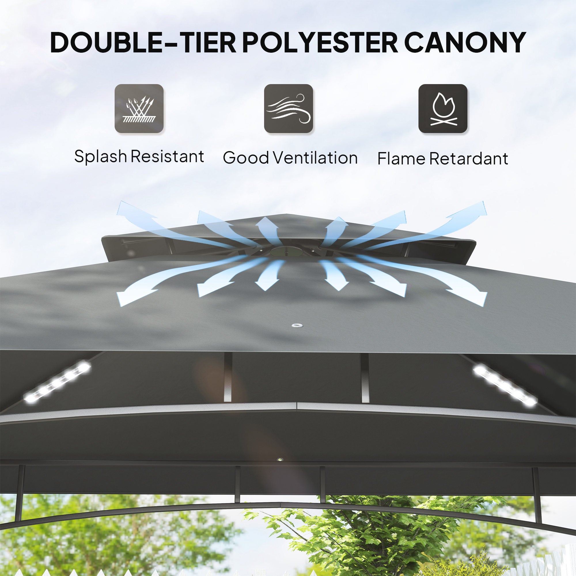 Outsunny 8' x 5' Grill Gazebo, Double Tiered BBQ Gazebo Shelter Canopy with LED Lights, 2 Side Shelves, Hooks, Dark Grey - North Peak Garden Furniture