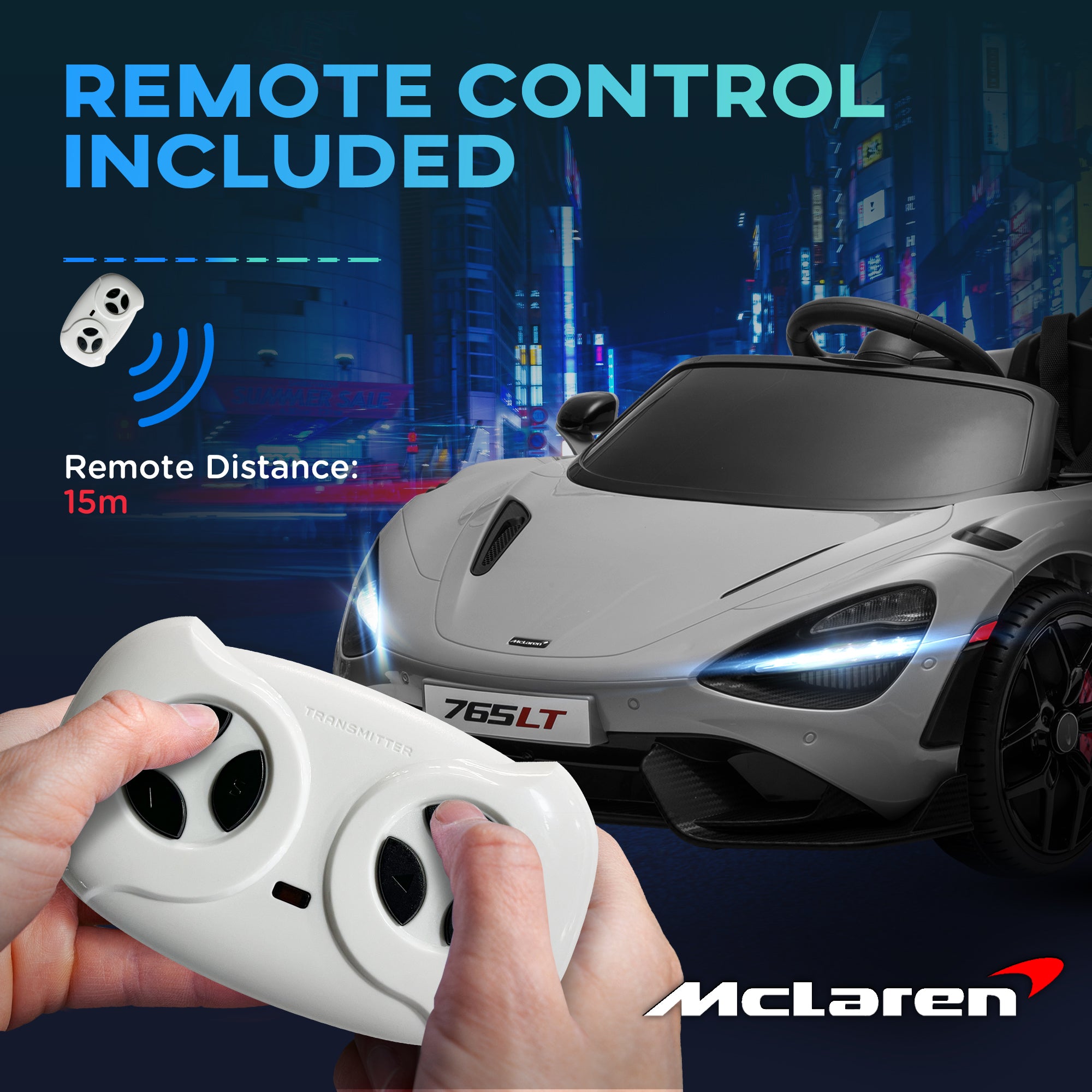 AIYAPLAY McLaren 765LT Licensed 12V Kids Electric Ride on Car with Butterfly Doors Remote Control Transport Wheels Grey - North Peak Garden Furniture