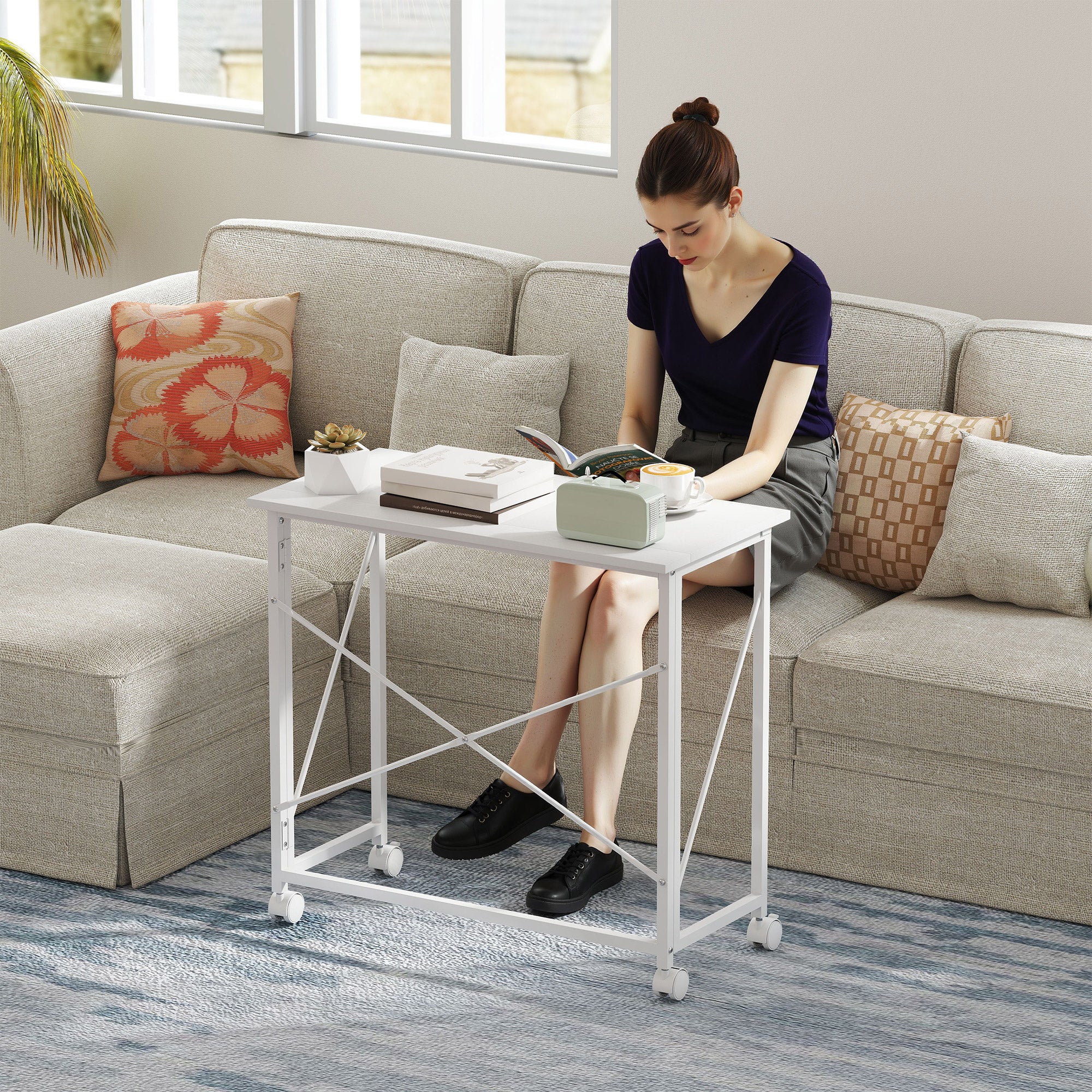 HOMCOM 80 cm Folding Desk on Wheels - White - North Peak Garden Furniture