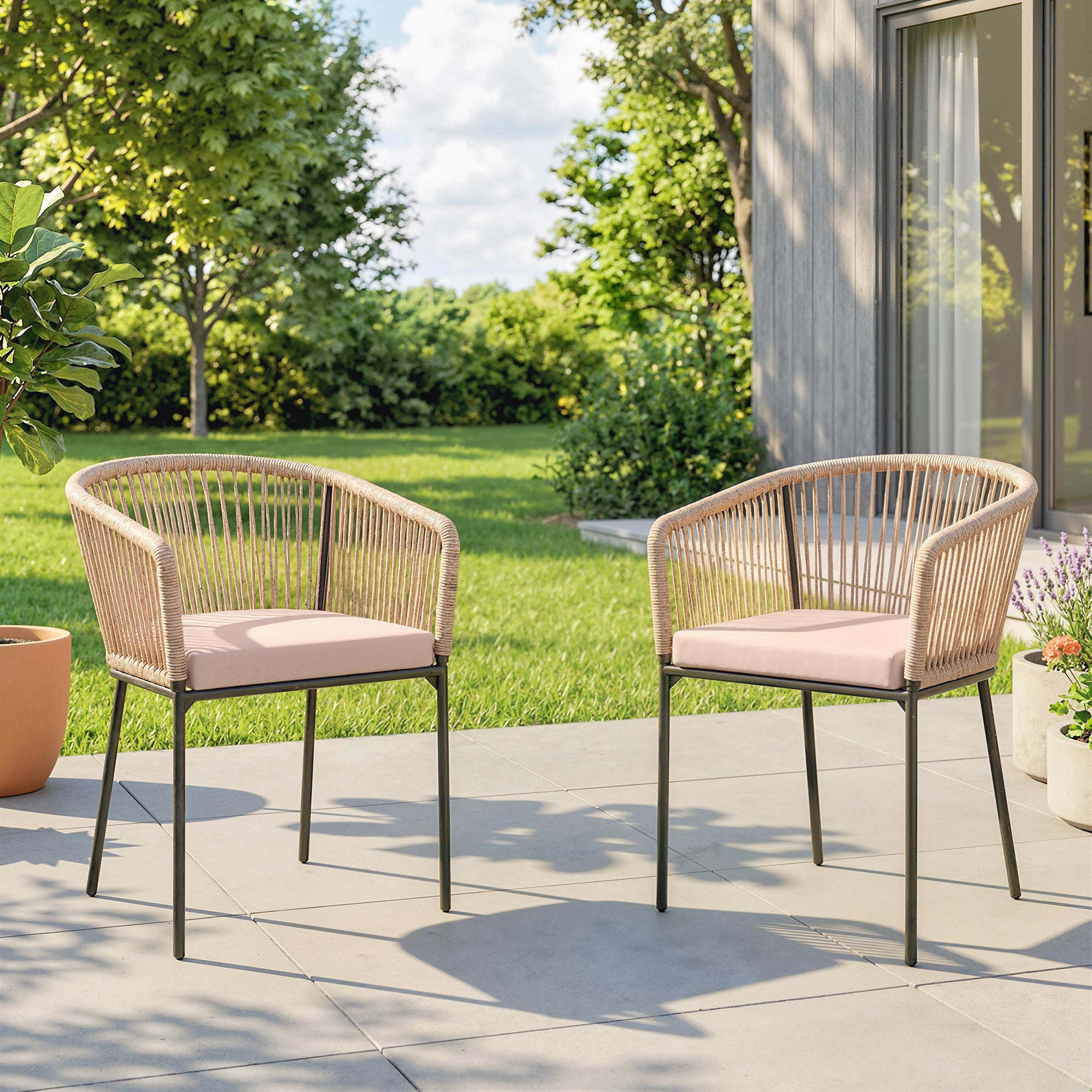 Outsunny Garden Chairs Set of 2, Rattan Garden Dining Chairs with String Back Armrests, Cushions, Natural Wood Finish