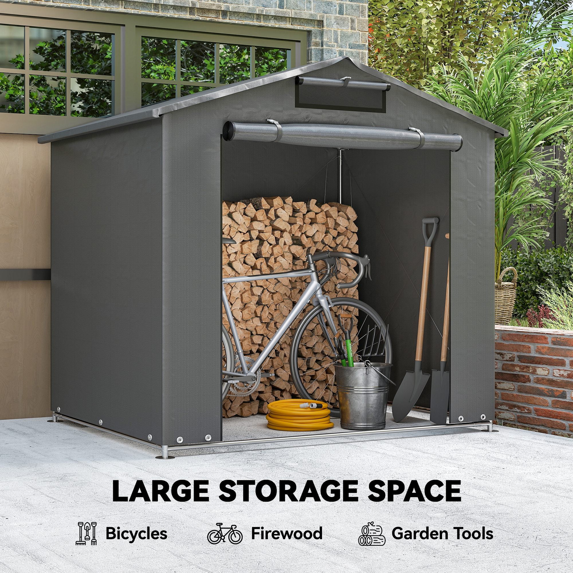 Outsunny 6 x 4 ft Outdoor Garden Storage Shed, Waterproof Bike Tent with Vent and Roll-Up Zipper Door
