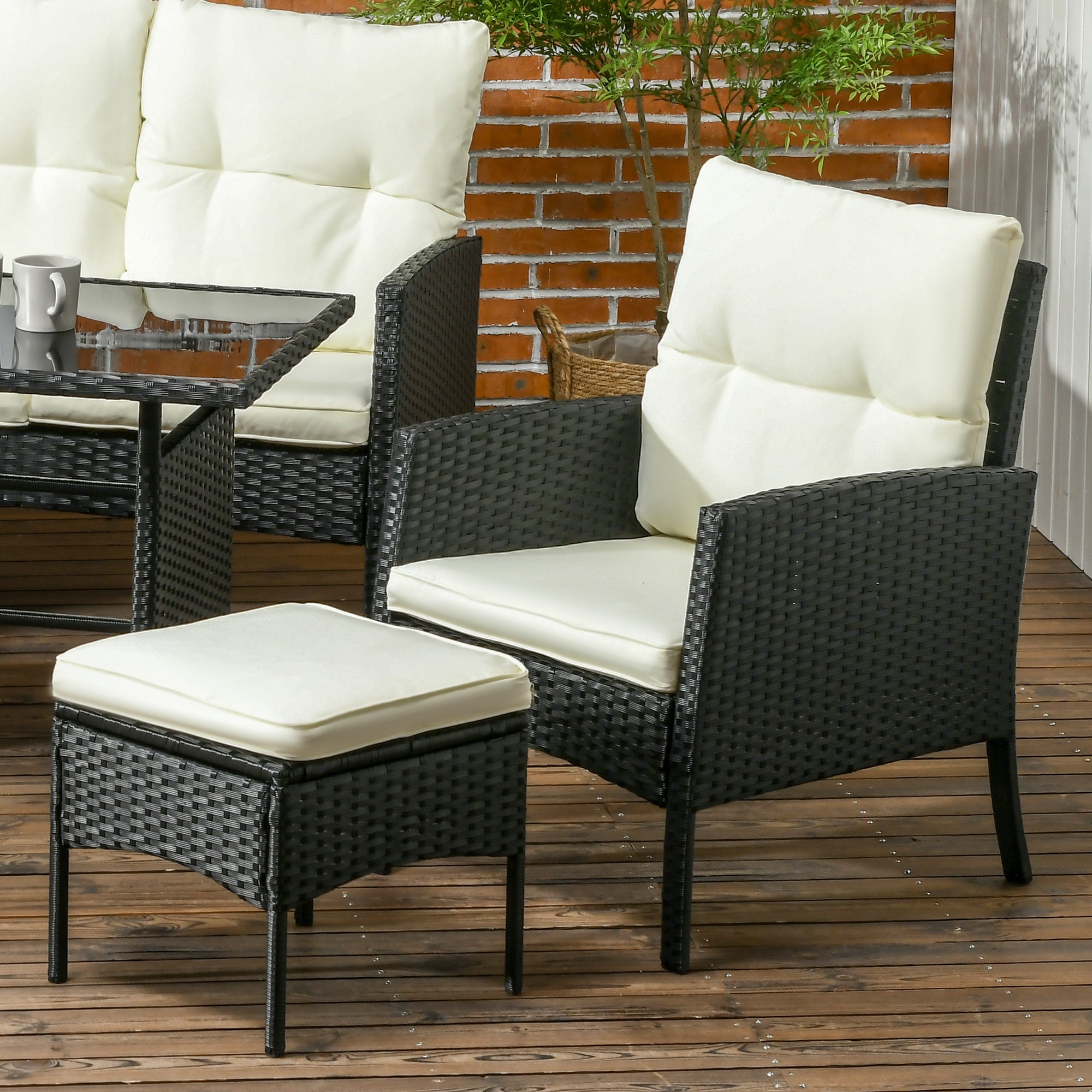 Outsunny 5 Seater Rattan Garden Furniture Set, 2 Armchairs, 3-seater Wicker Sofa, 2 Footstools and Glass Table, 6 Piece Patio Rattan furniture Sofa Sets with Cushions for Conservatory, White - North Peak Garden Furniture