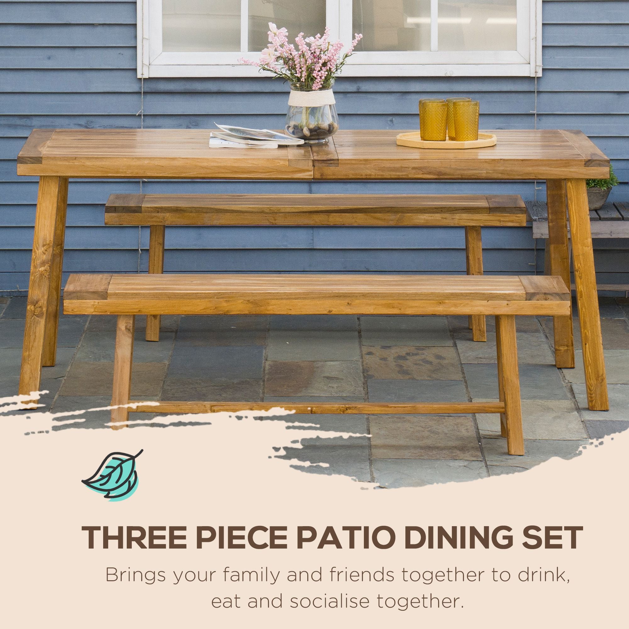 Outsunny 3 Pieces Picnic Bench Set with Table and 2 Benches, Acacia wood Dining Trestle Beer Table and Seat, Natural Wood Finish - North Peak Garden Furniture