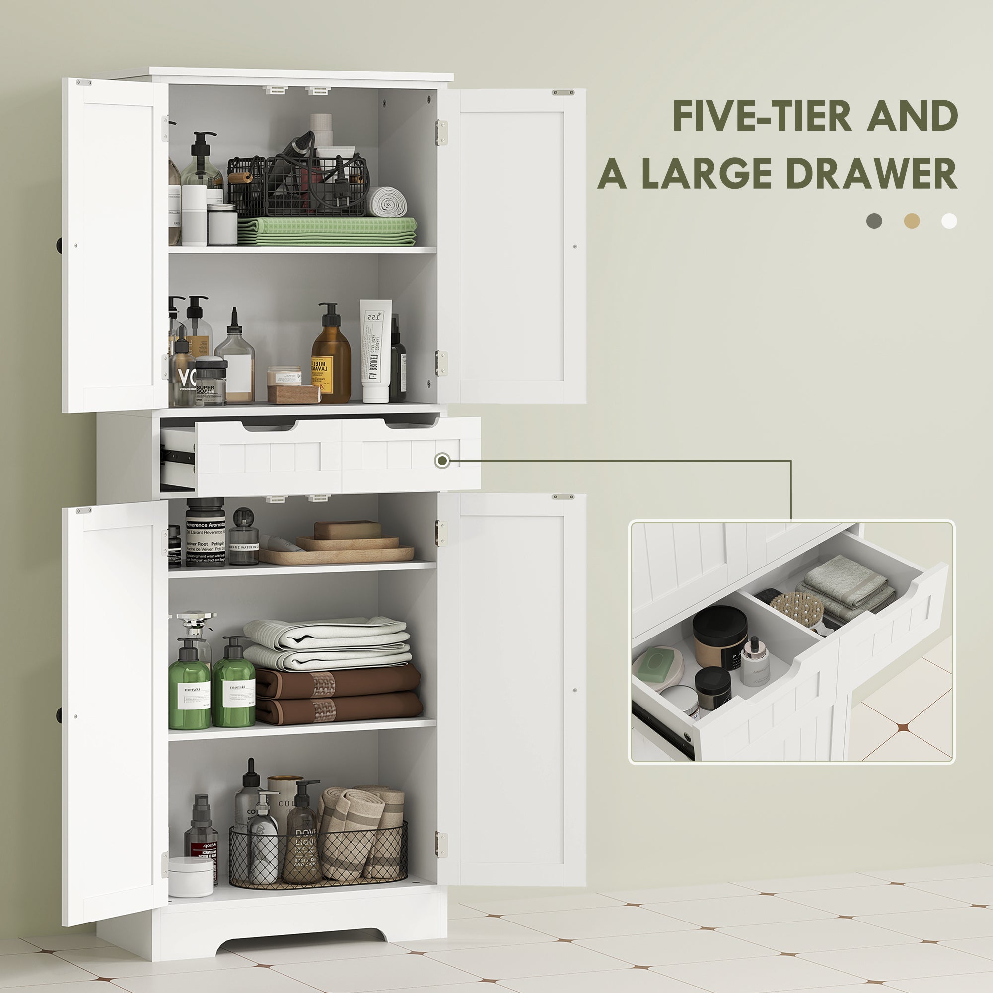 HOMCOM Tall Bathroom Cabinet, Freestanding Storage Cupboard, Bathroom Storage Cabinet with Drawer, Adjustable Shelf and Doors, 60 x 30 x 160 cm, White - North Peak Garden Furniture