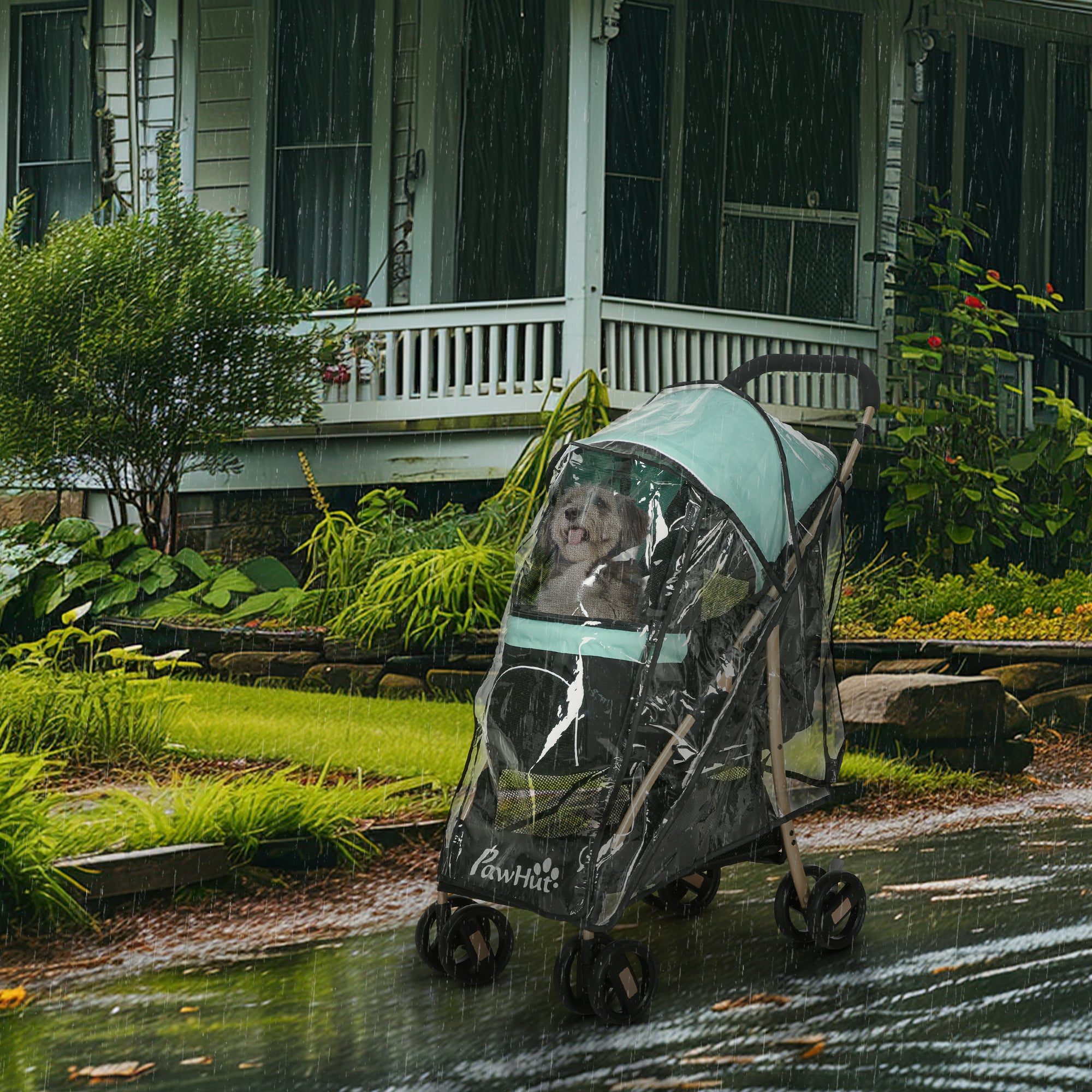 PawHut Pet Stroller for Small and Miniature Dogs, with Rain Cover - Green - North Peak Garden Furniture