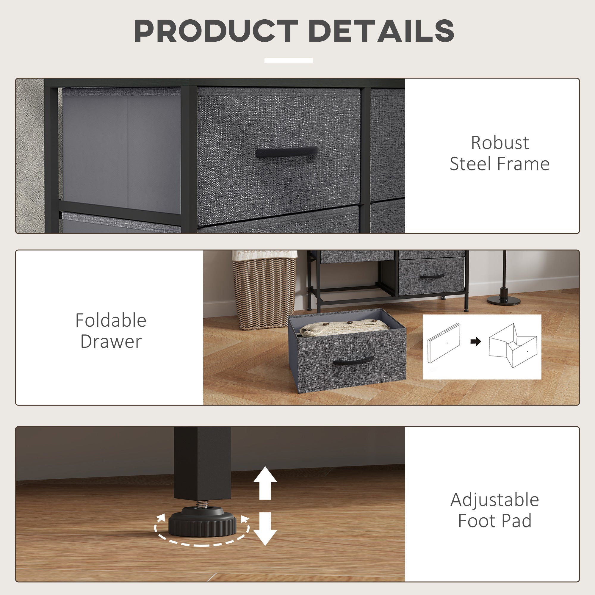 HOMCOM Fabric Chest of Drawers, Storage Drawers, Industrial Bedroom Dresser with 6 Fabric Drawers, Steel Frame and Wooden Top for Nursery, Living Room, Hallway, Black - North Peak Garden Furniture