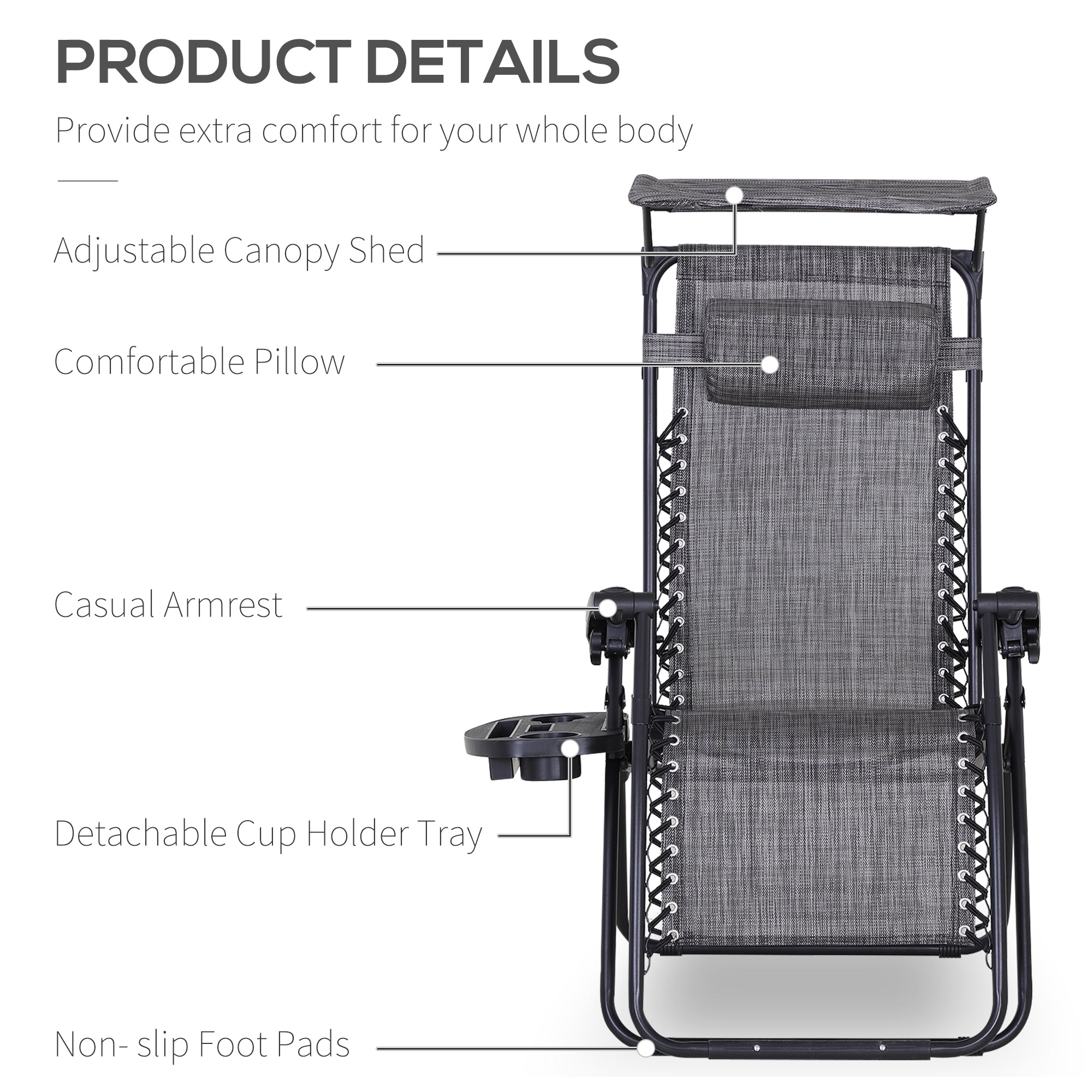 Outsunny 2 Piece Foldable Reclining Garden Chair with Headrest, Zero Gravity Deck Sun Lounger Seat Chair with Footrest, Armrest, Cup Holder & Canopy Shade, Grey - North Peak Garden Furniture