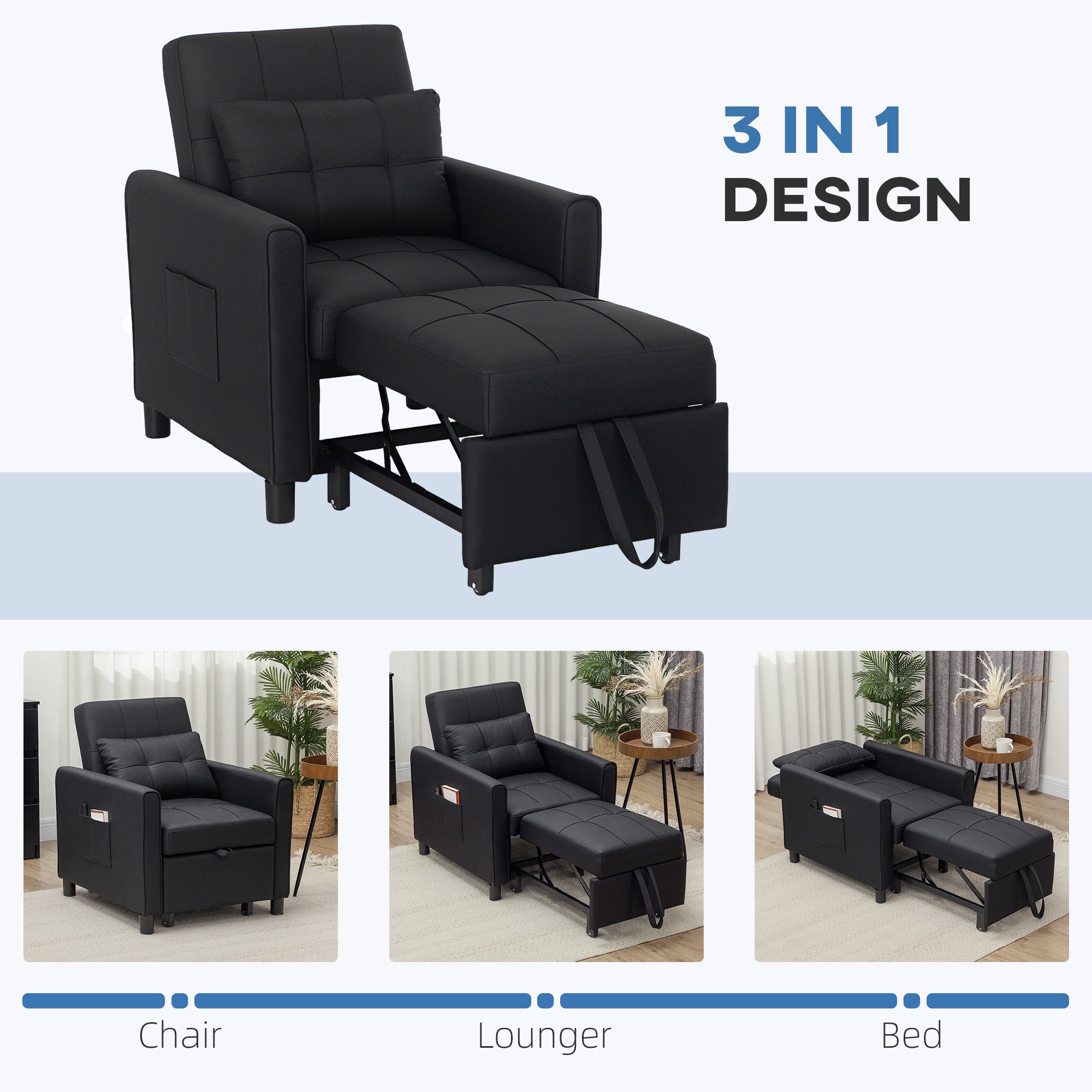 HOMCOM 3-In-1 Convertible Chair Bed, Pull Out Sleeper Chair with Adjustable Backrest, Side Pockets, Black - North Peak Garden Furniture