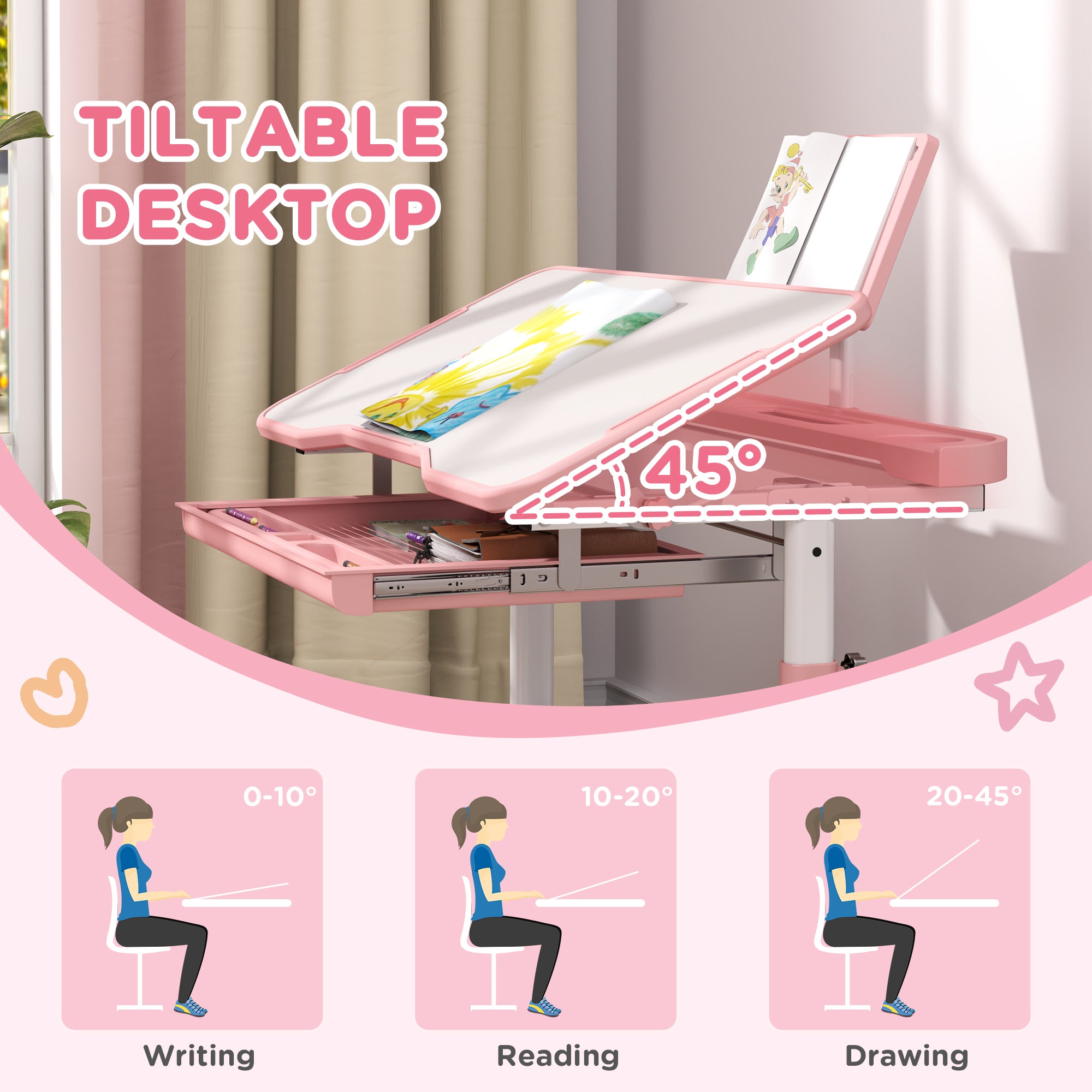 AIYAPLAY Height Adjustable Kids Desk and Chair Set, School Study Writing, Reading Table Chair Set w/ Tilted Desktop, Pink - North Peak Garden Furniture