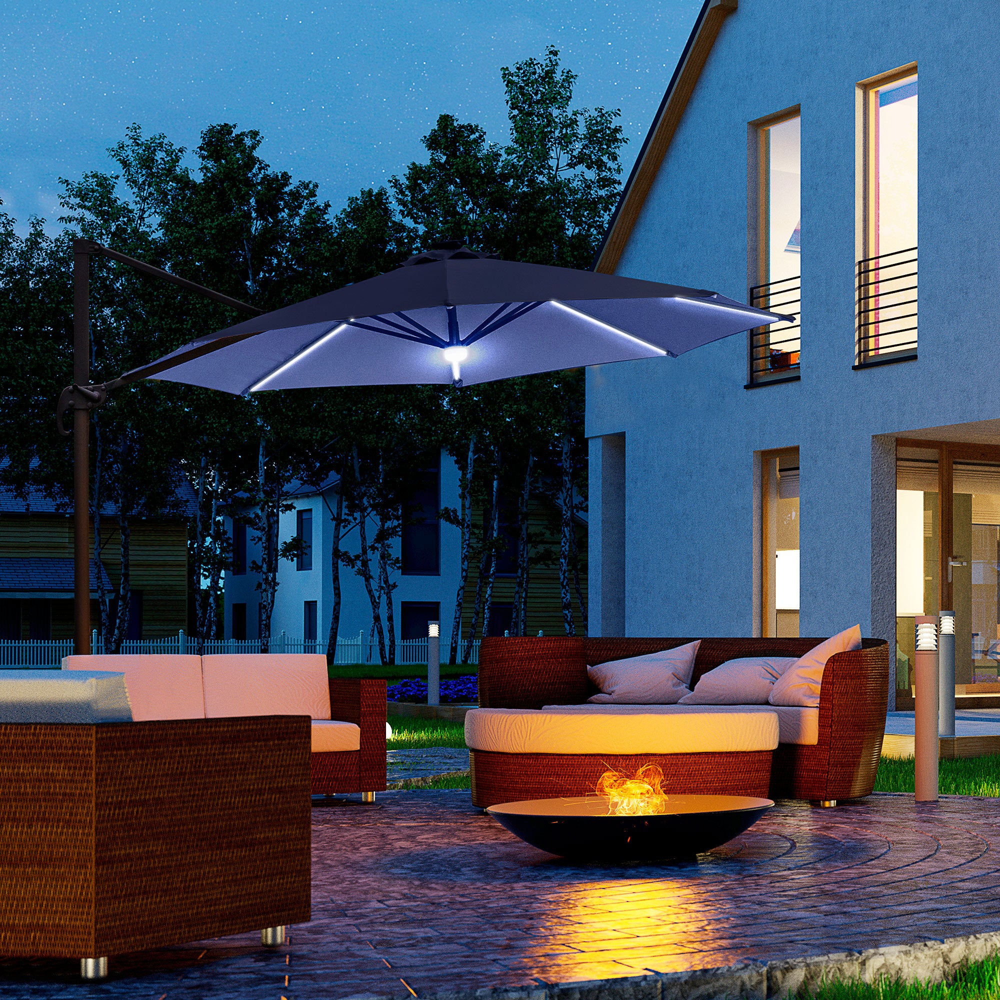Outsunny 3(m) LED Cantilever Parasol Outdoor Sun Umbrella w/ Base Solar Lights Blue - North Peak Garden Furniture
