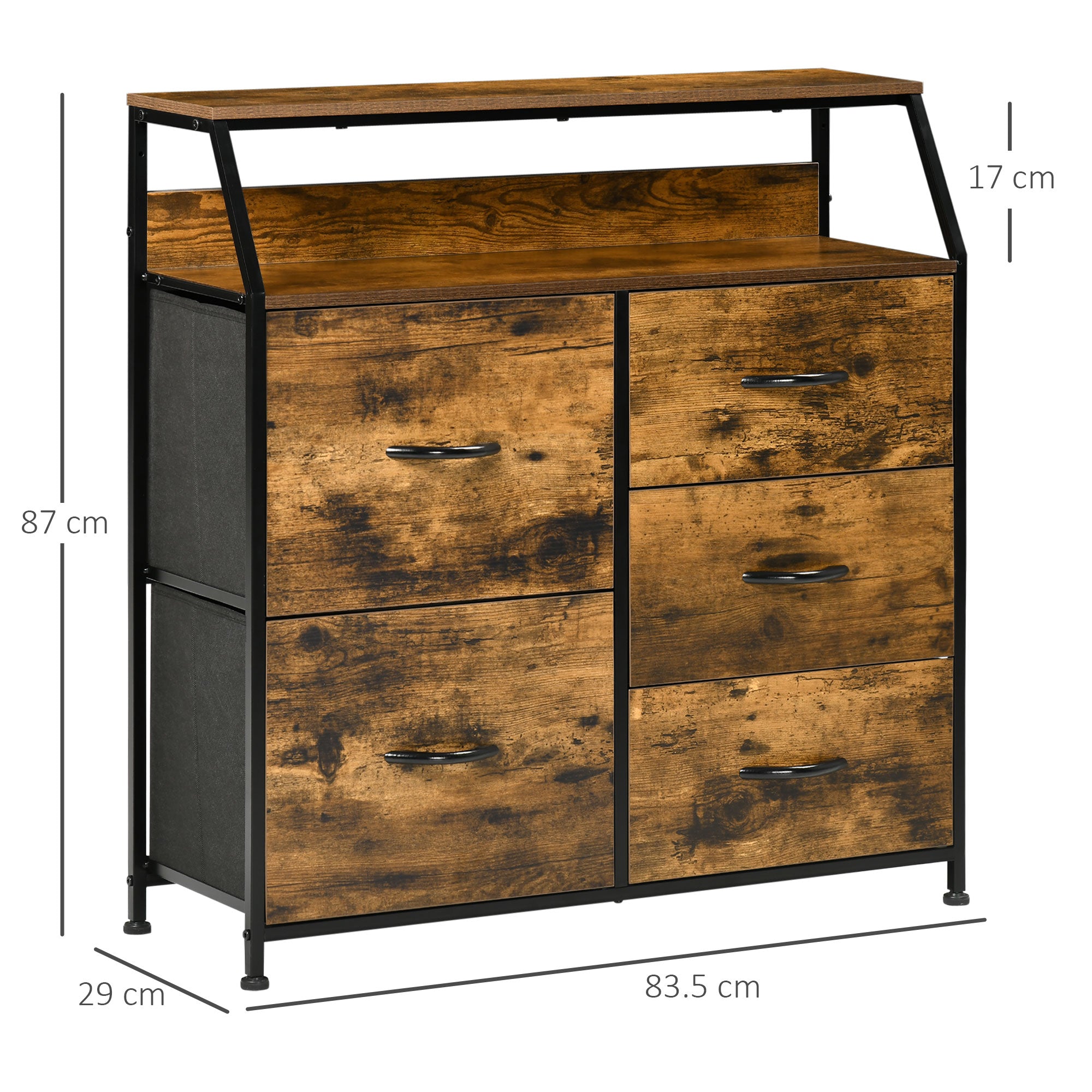 HOMCOM Bedroom Chest of Drawers, Industrial 5 Fabric Drawer Dresser with Open Shelf for Living Room, Rustic Brown - North Peak Garden Furniture