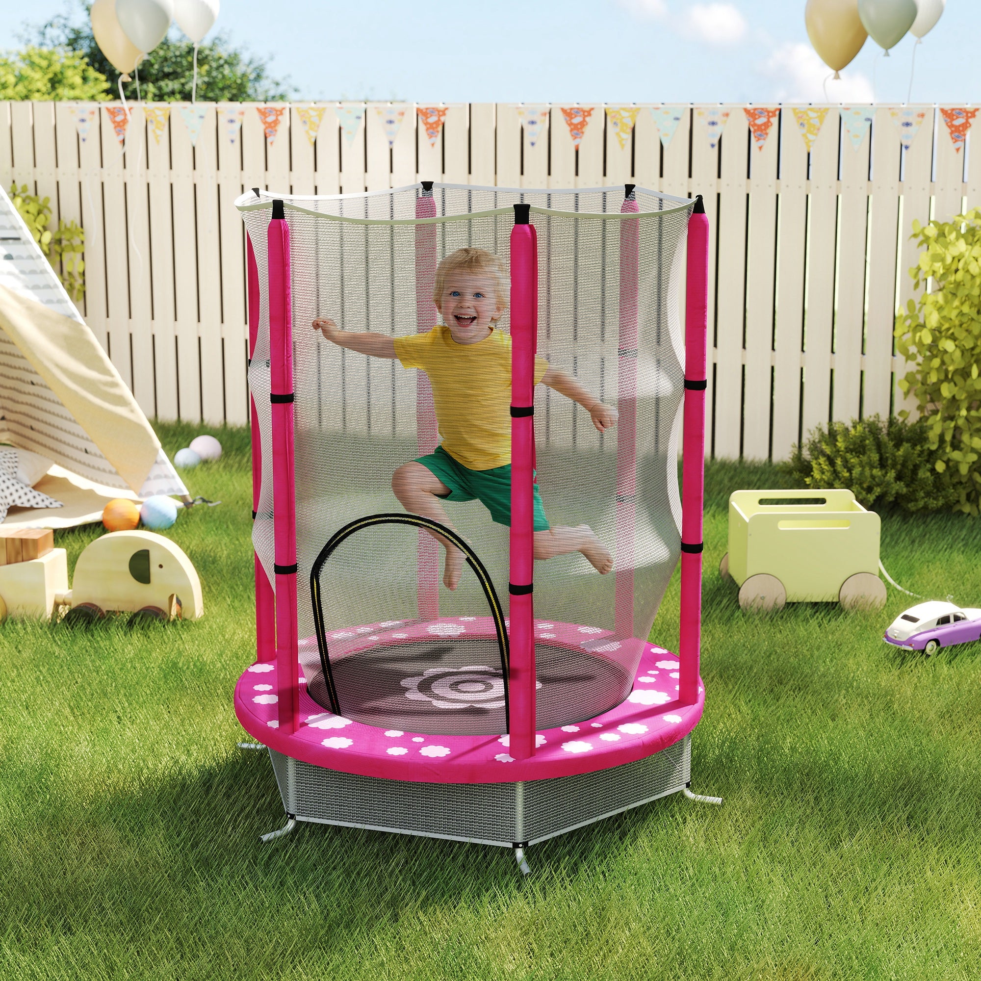 AIYAPLAY 4.6FT Toddler Trampoline w/ Safety Enclosure Net, for Indoor Outdoor Use, Ages 3-6 Years, Sun Pattern - Pink