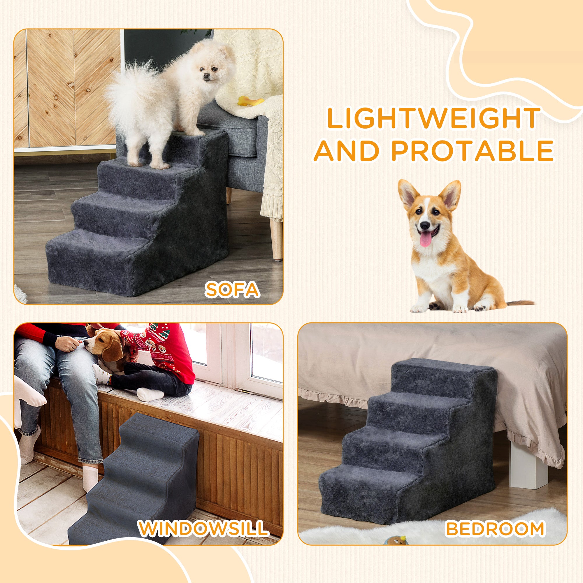 PawHut Four-Step Dog Stairs, with Washable Plush Cover, for High Bed Sofa, Dog Stairs for Small Dog and Cat - Dark Grey - North Peak Garden Furniture