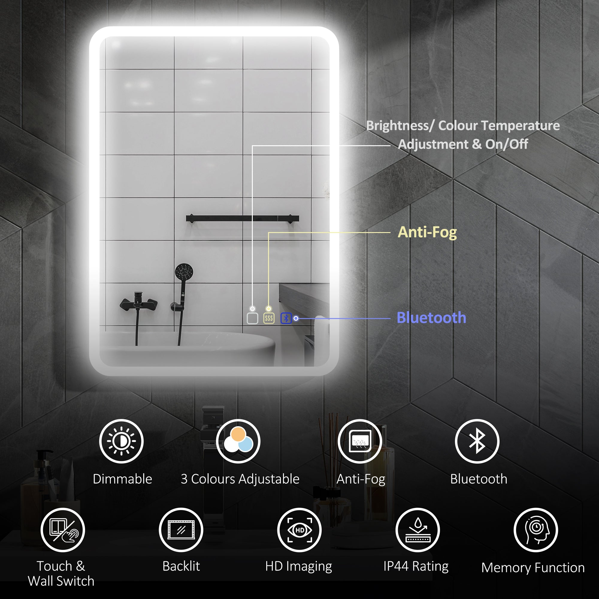 HOMCOM 50 x 70 cm Backlit Illuminated Bathroom Mirror with LED Lights and Bluetooth - Silver Tone - North Peak Garden Furniture