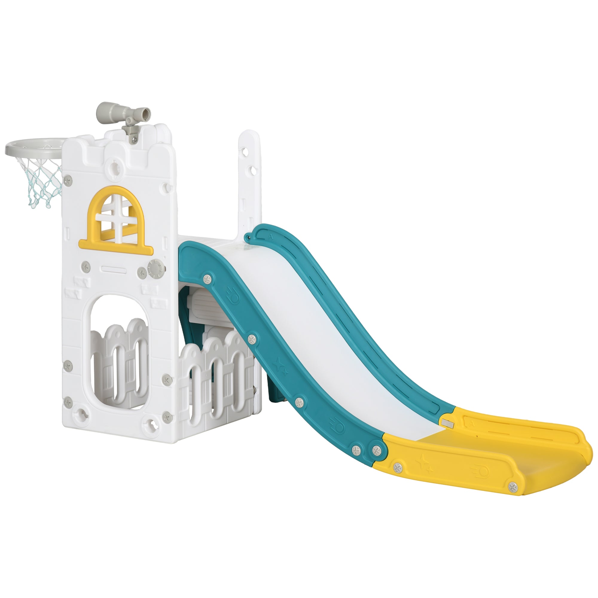 AIYAPLAY 4 in 1 Toddler Slide with Basketball Hoop, Climber, Telescope, Storage Basket, for Ages 1-3 Years, Yellow