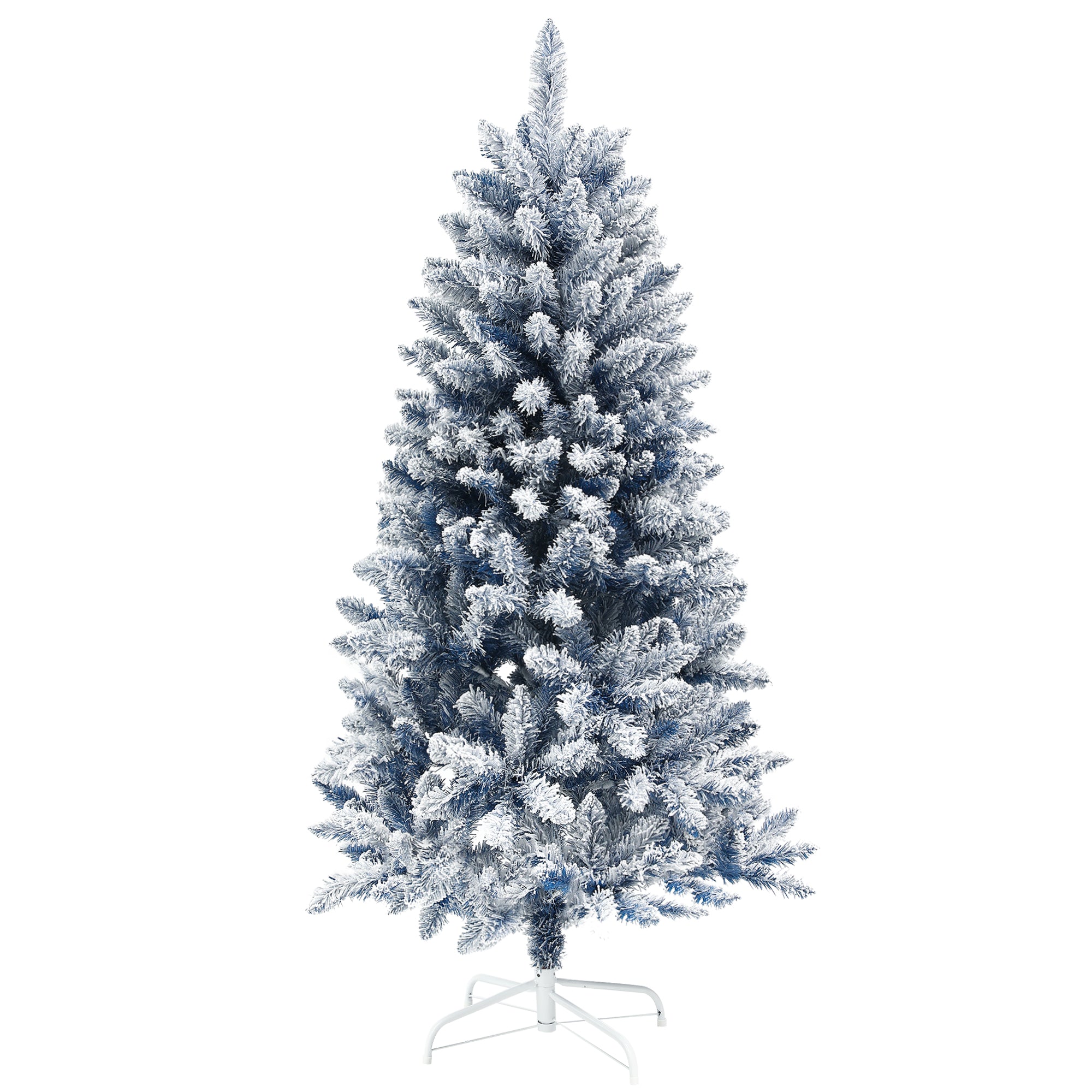 HOMCOM 5ft Flocked Artificial Christmas Tree with 450 Snow Frosted Tips, Metal Stand, Snowy Hinged Xmas Tree, Blue - North Peak Garden Furniture