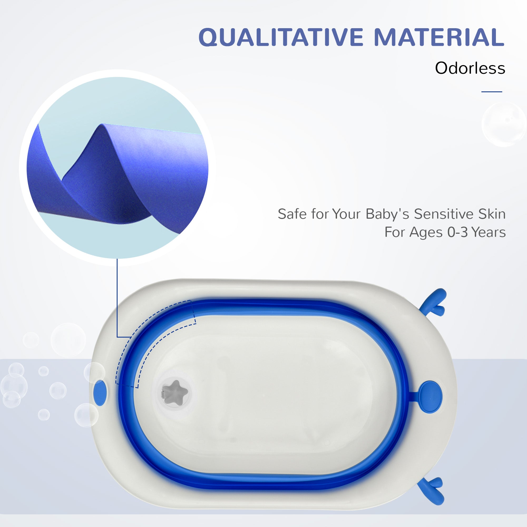 HOMCOM Foldable Baby Bathtub Set, Collapsible Bath Tub with Thermostatic Water Plug, Non-Slip Support, Cushion Pad, Drain Plugs, for Newborn to 3 Years - Blue - North Peak Garden Furniture