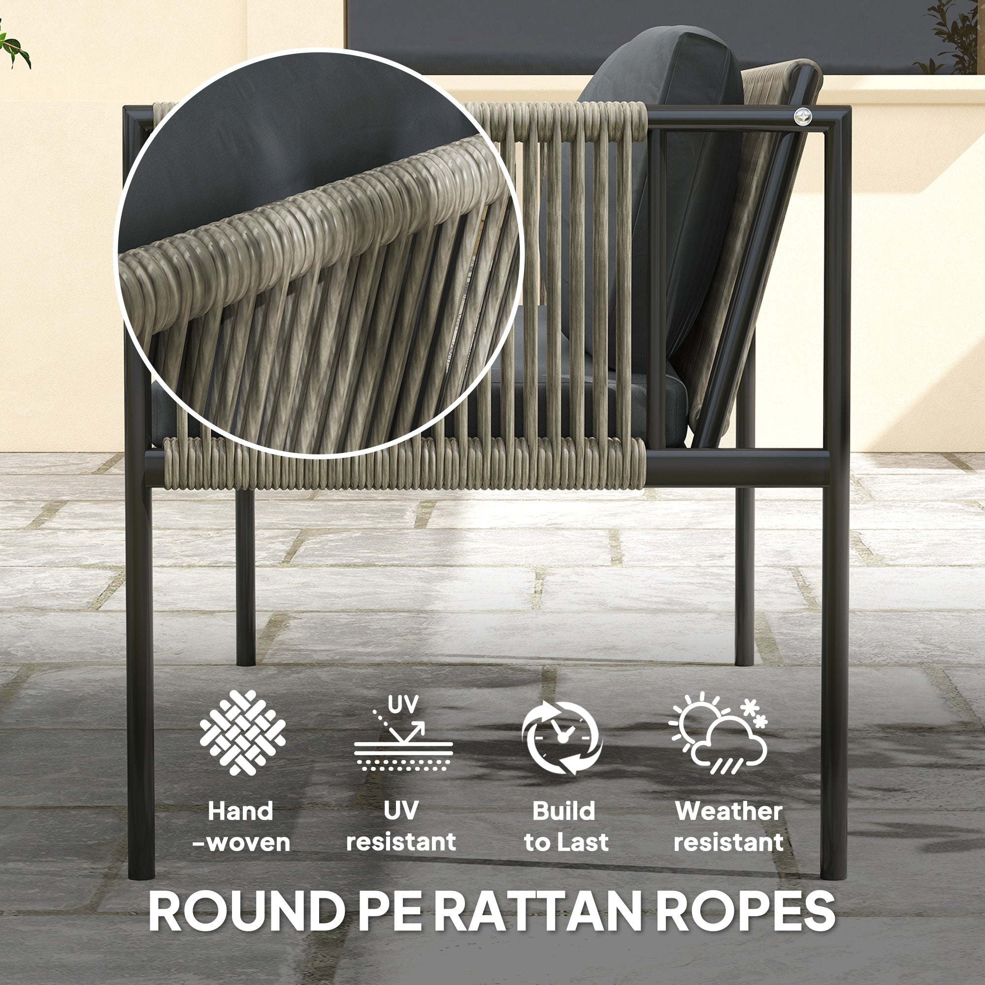 Outsunny 4 Piece Rattan Garden Furniture Set, 4 Seater Wicker Outdoor Furniture Set with 2 Armchairs, Loveseat, Glass Top Coffee Table and Cushions for Balcony, Porch, Grey - North Peak Garden Furniture