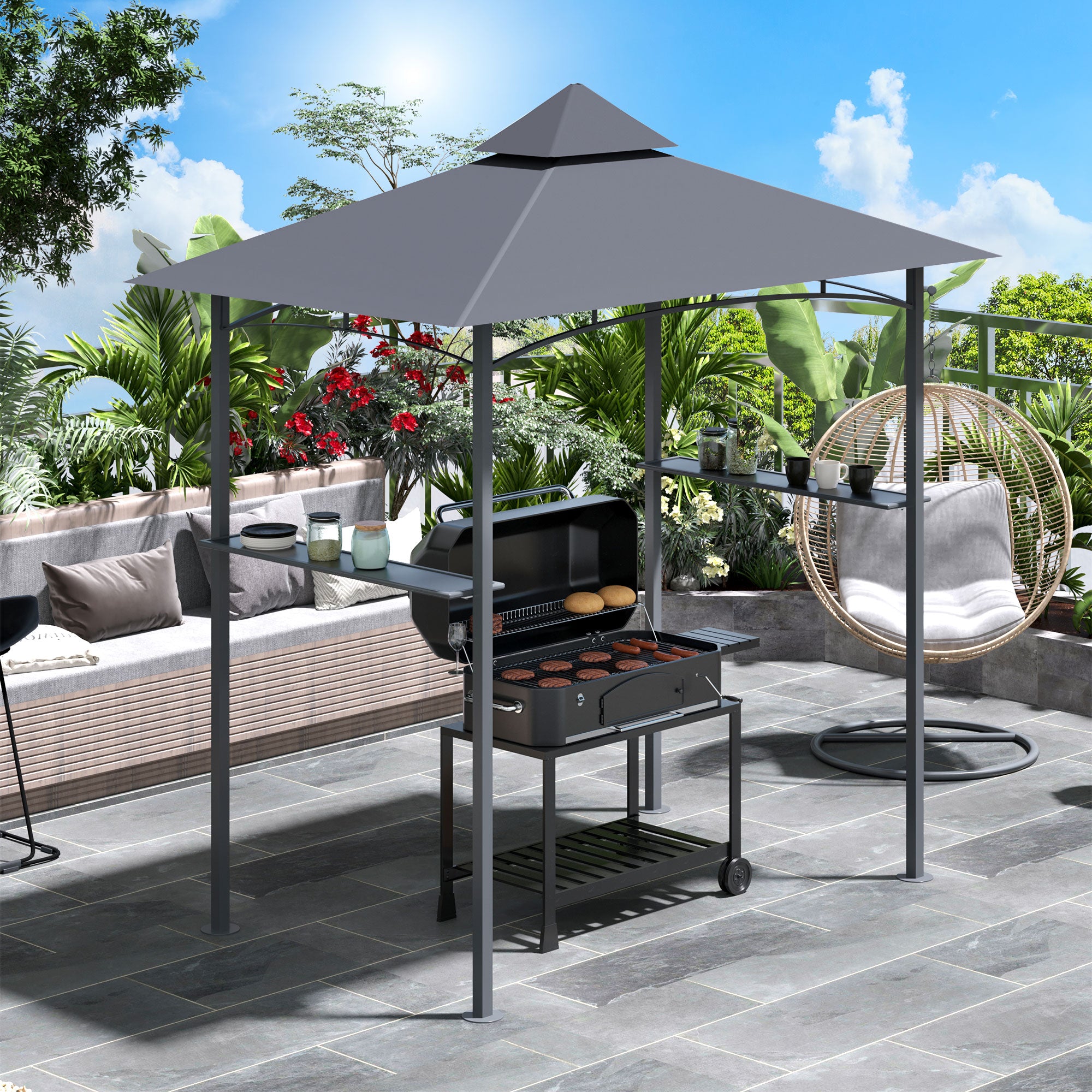 Outsunny 2.5M (8ft) New Double-Tier BBQ Gazebo Grill Canopy Barbecue Tent Shelter Patio Deck Cover - Grey - North Peak Garden Furniture