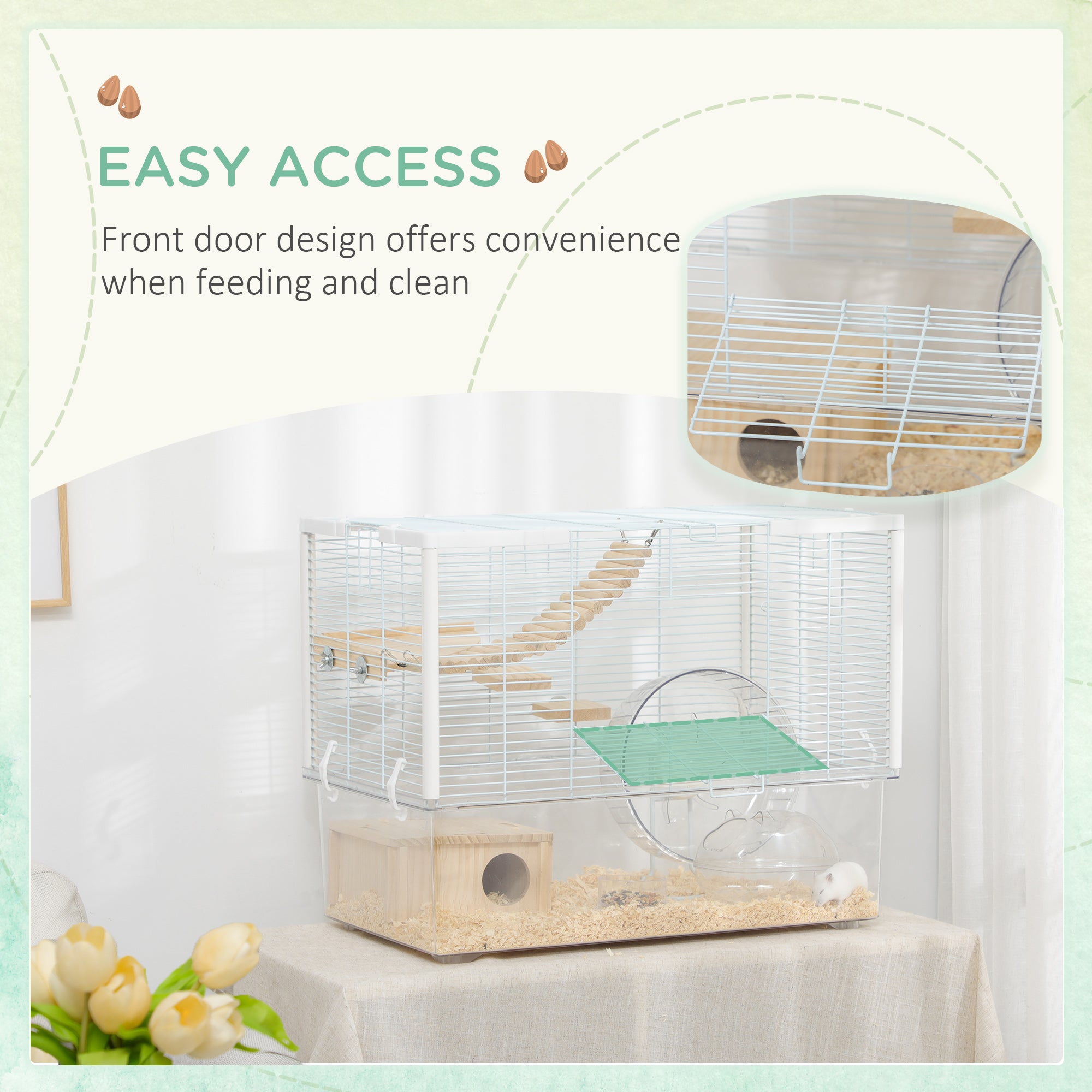 PawHut Hamster Cage, Gerbil Cage with Wooden Ramp, Exercise Wheel, Food Bowl - White - North Peak Garden Furniture